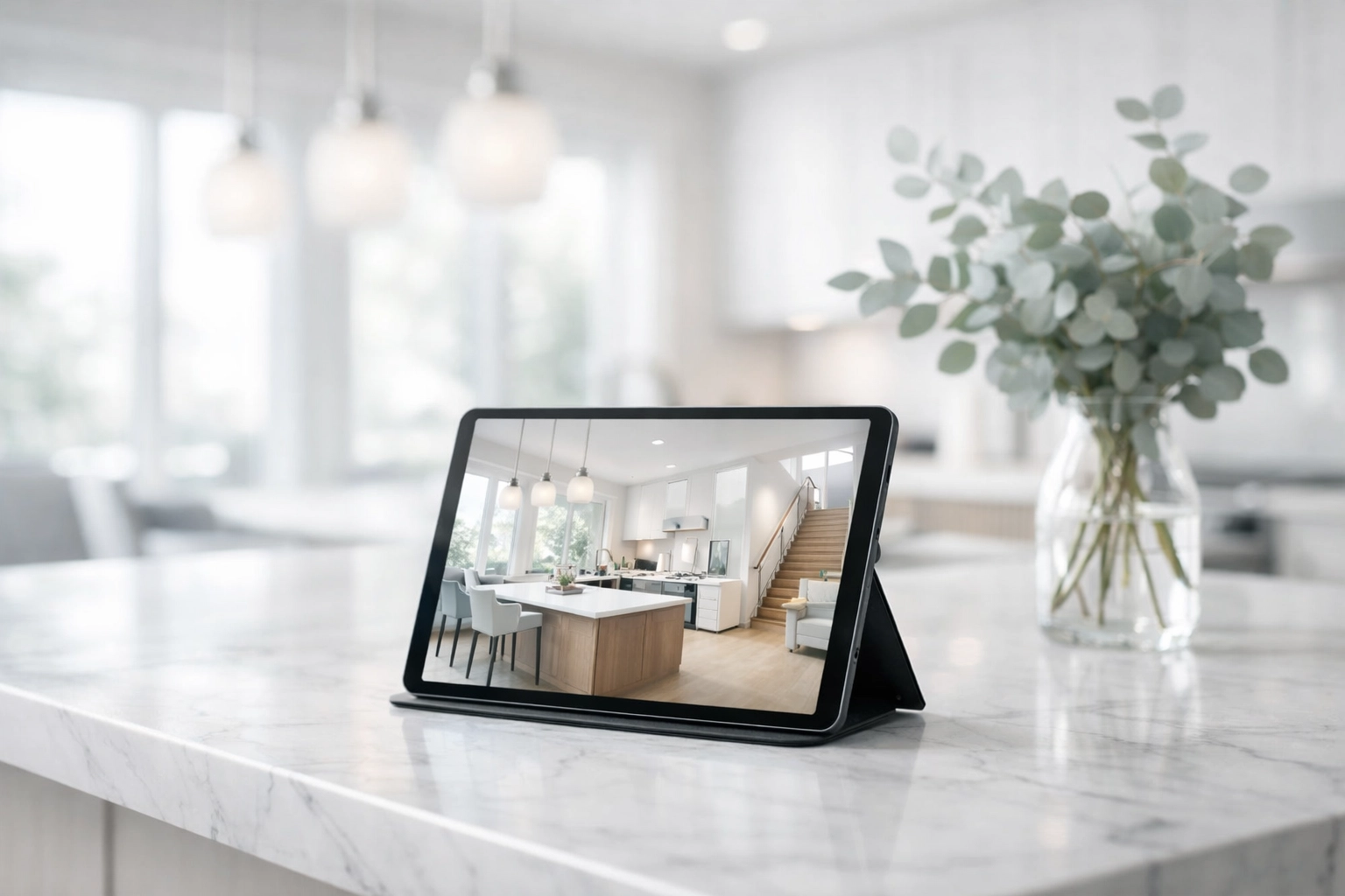 Modern kitchen with virtual tour tablet highlighting digital marketing for Medford home sales.