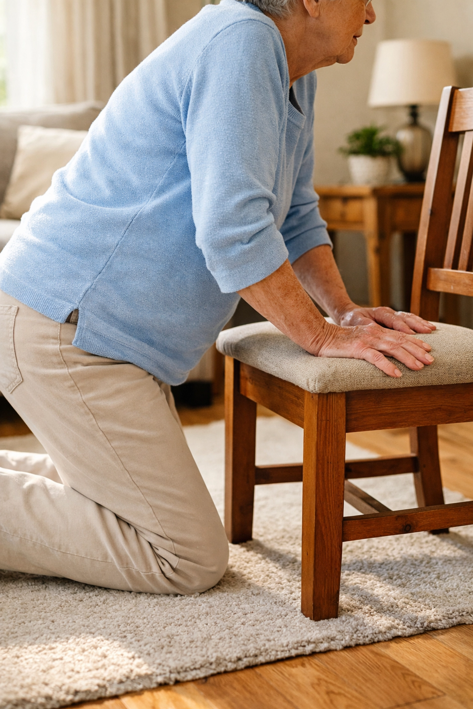 Senior using chair for support in kneeling position during fall recovery technique