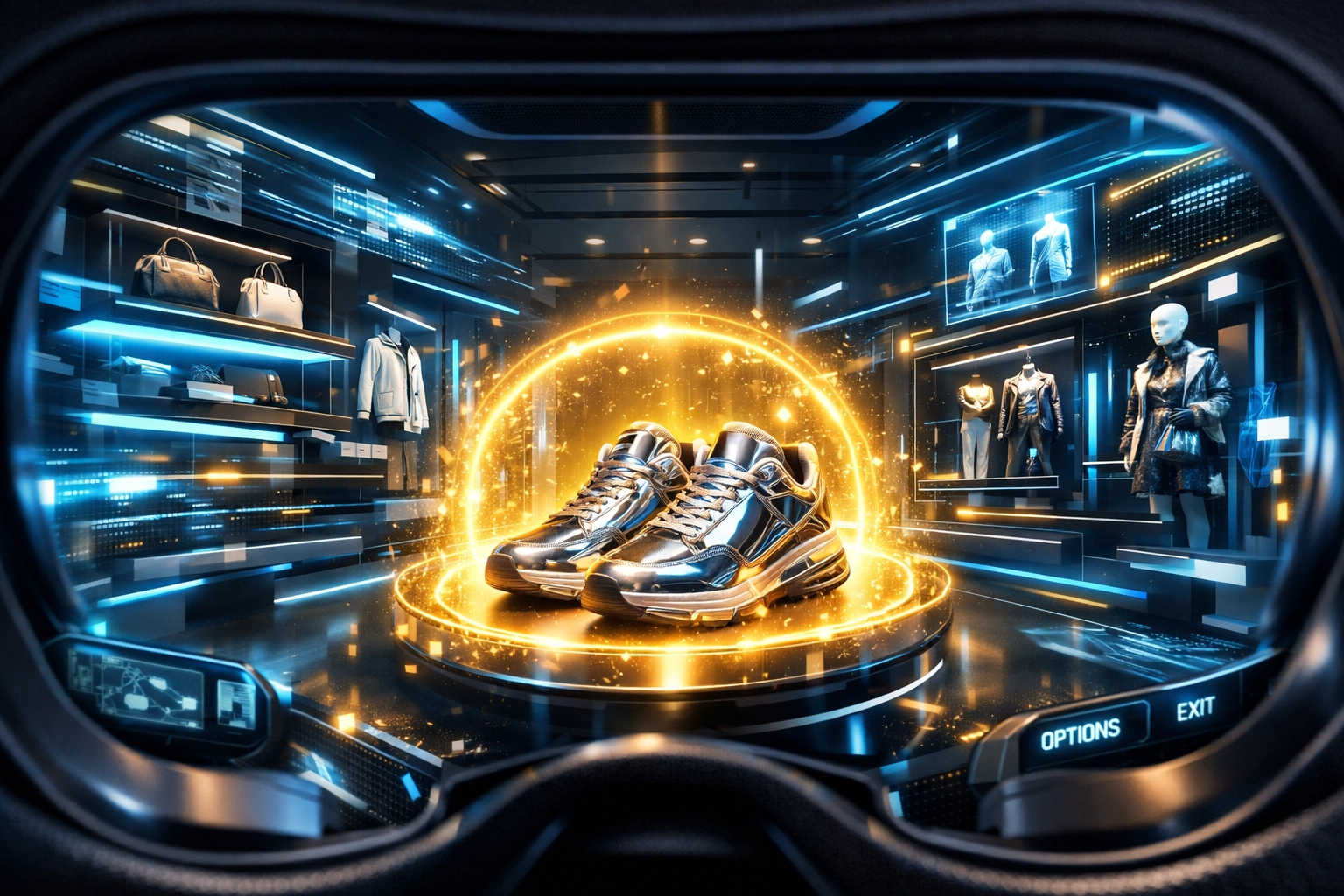 Personalized metaverse shopping experience using AI to highlight digital fashion items in a virtual boutique.