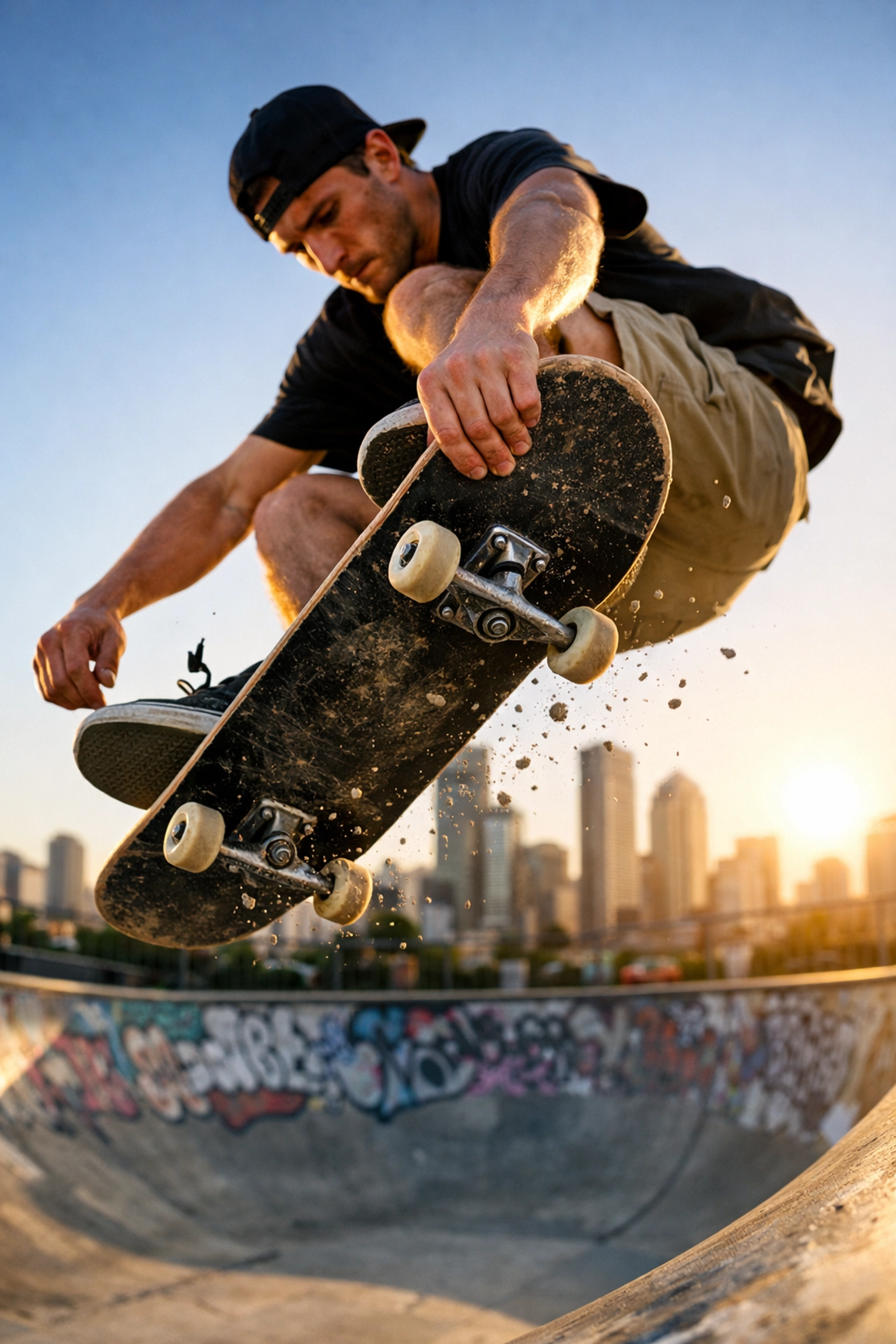 A skateboarder performing a trick, showing action-packed street photography ideas at a city park.