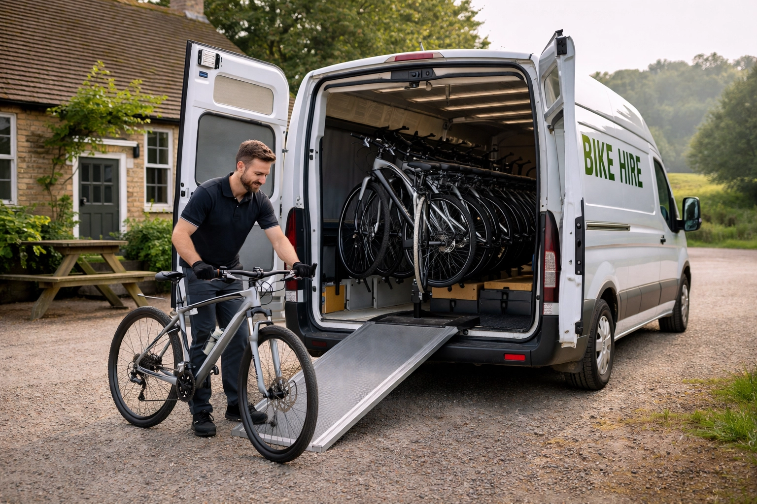 Professional bike hire van delivering identical hybrid bikes for a seamless corporate cycling event near London