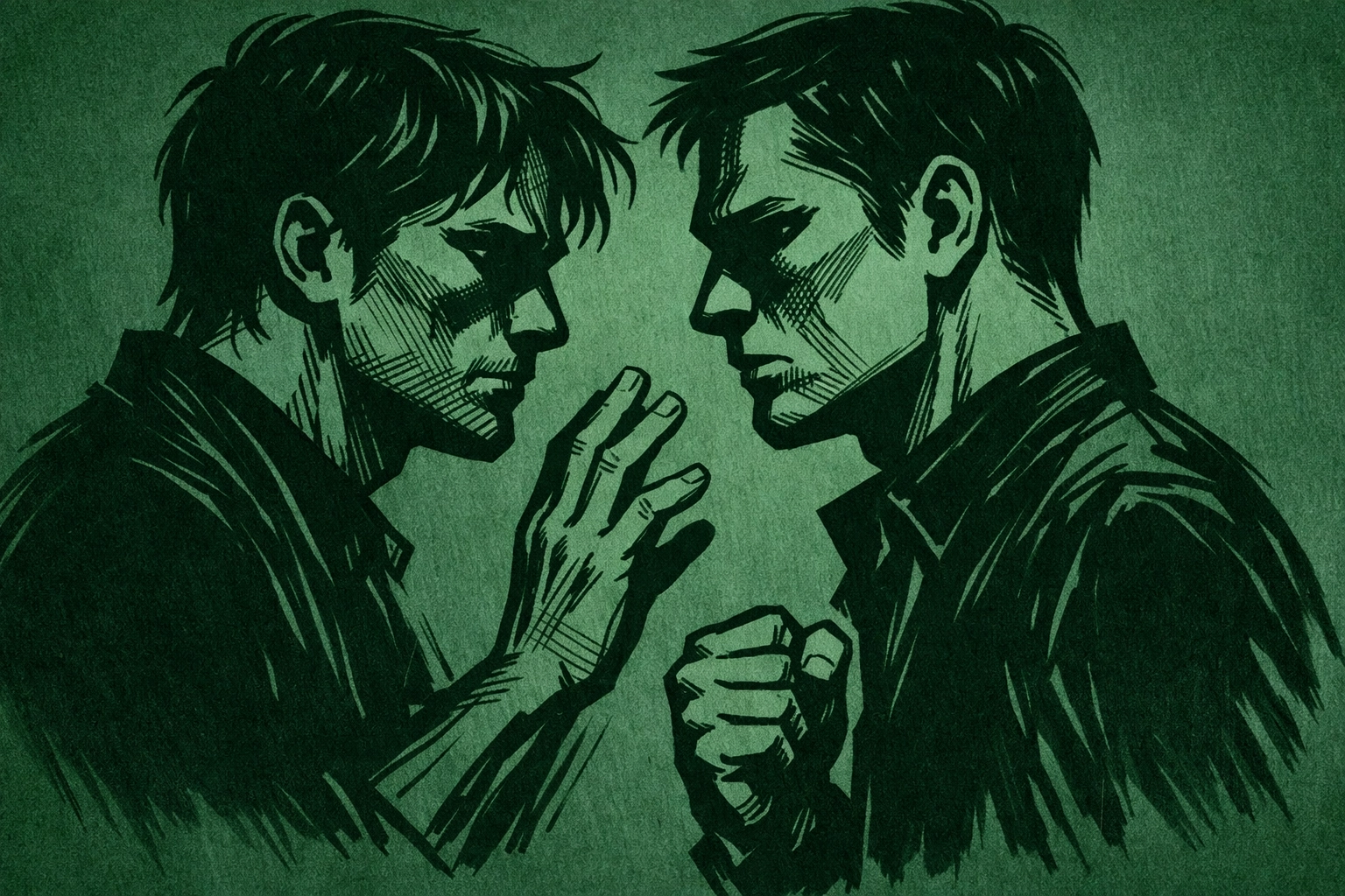 Two men facing each other depicting psychological tension in gay romance fiction