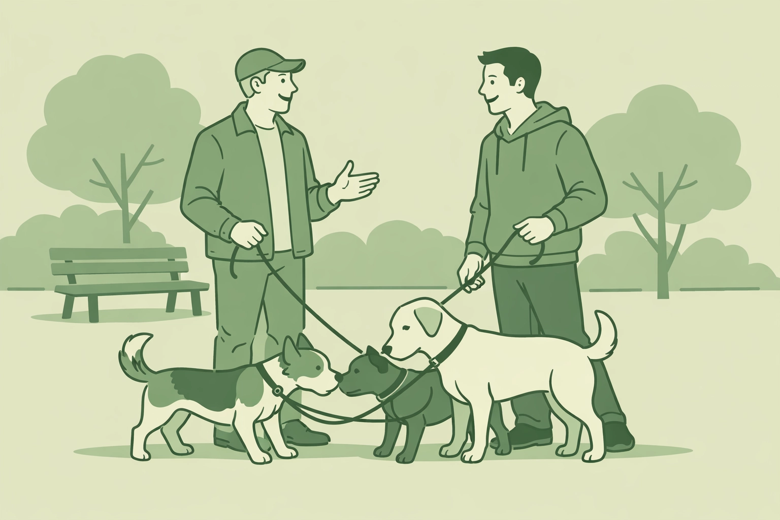 Two gay men meeting in park while walking foster dogs, building new social connections