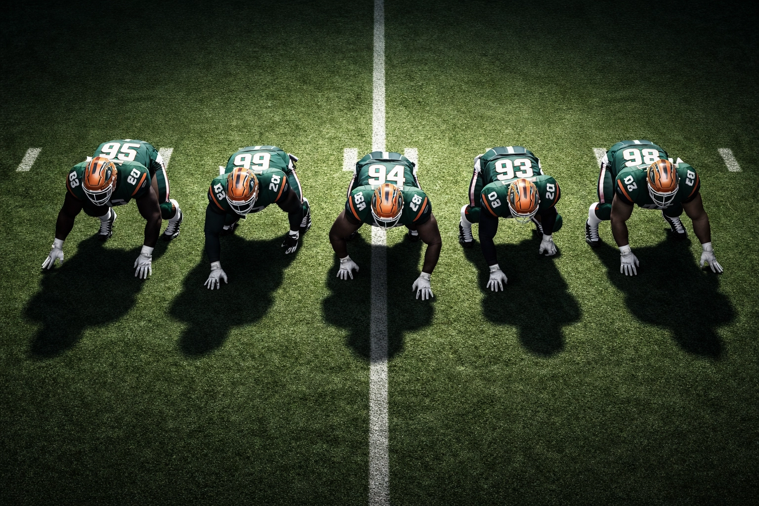 Top-down view of Miami Hurricanes' defensive line in action, showing versatile defensive formations for 2026 season.