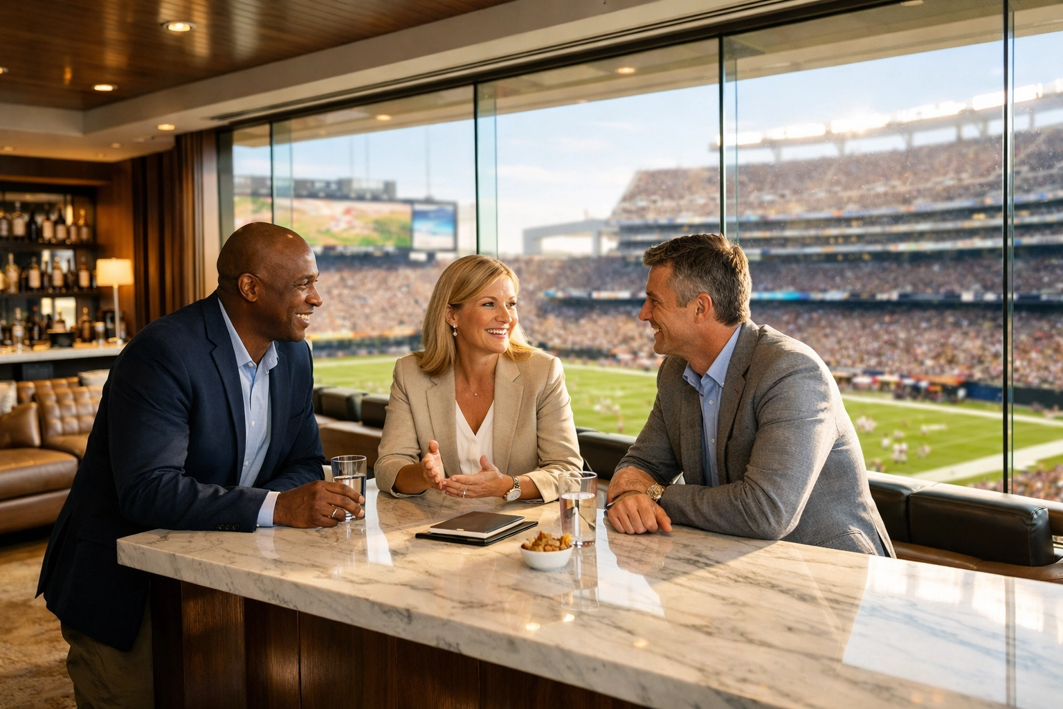 Executives networking in a luxury Super Bowl suite overlooking the stadium field.