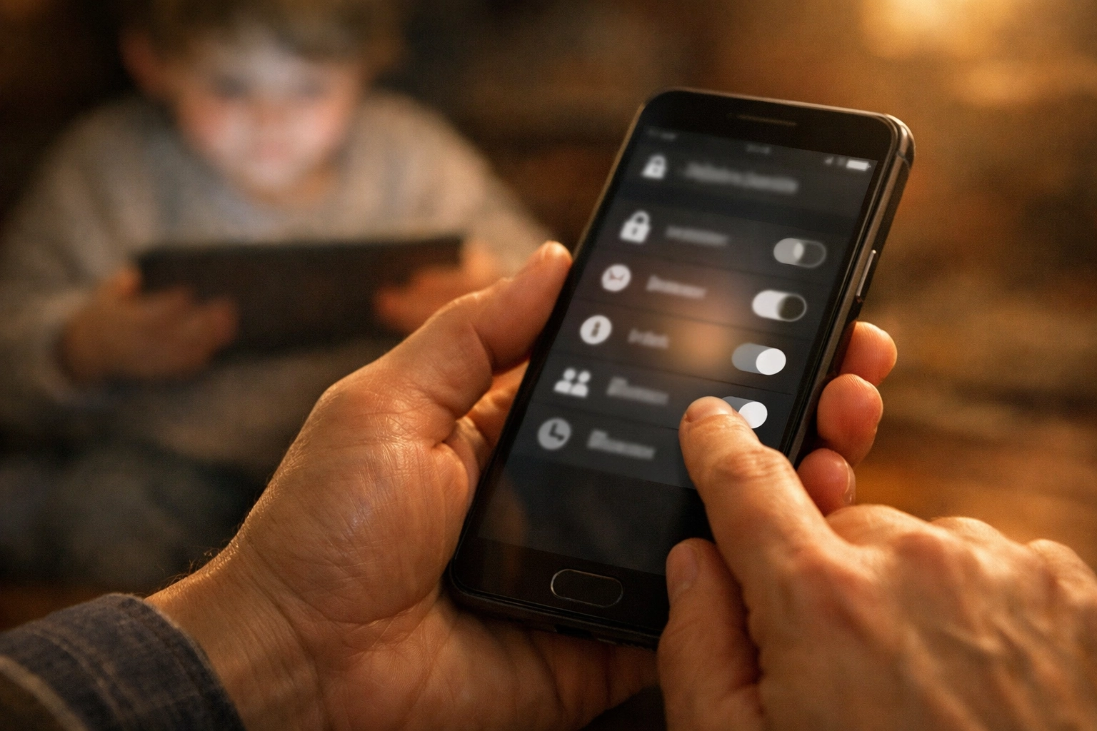 Full-frame cinematic close-up: parent configuring parental controls on a smartphone, warm lighting, no text