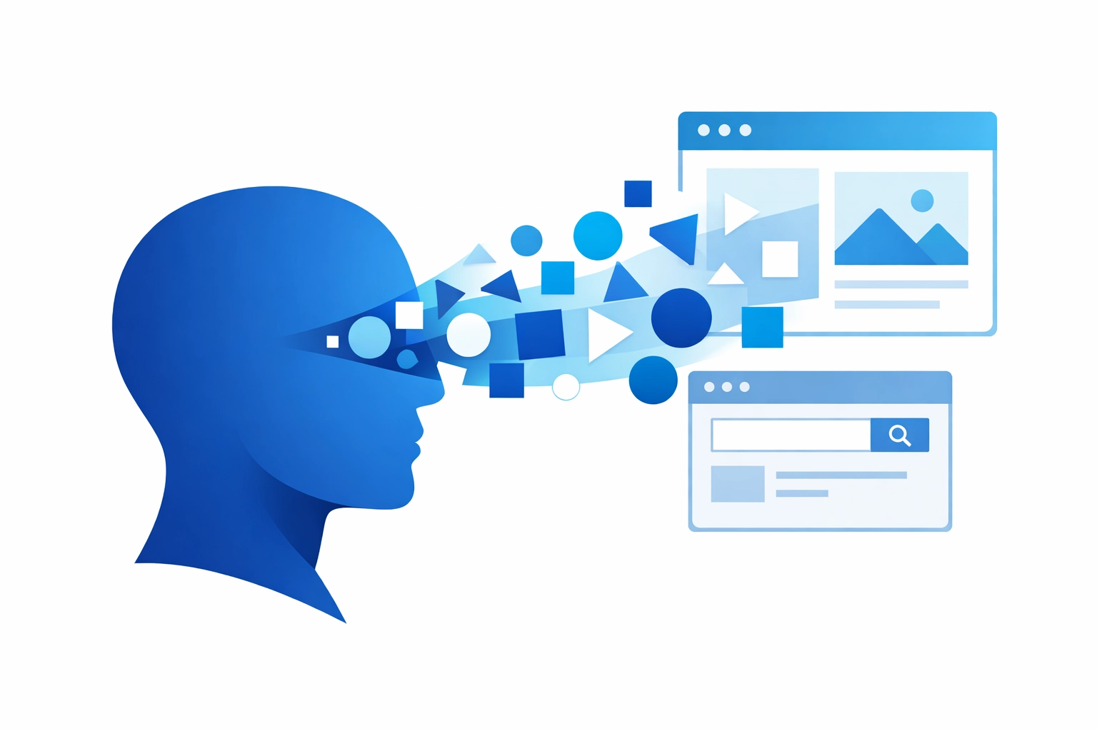Human brain profile processing color psychology in web design with geometric shapes