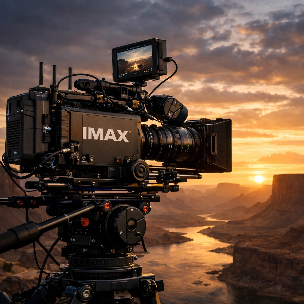 Professional IMAX cinema camera on a rig at sunset for a major high-end film production.