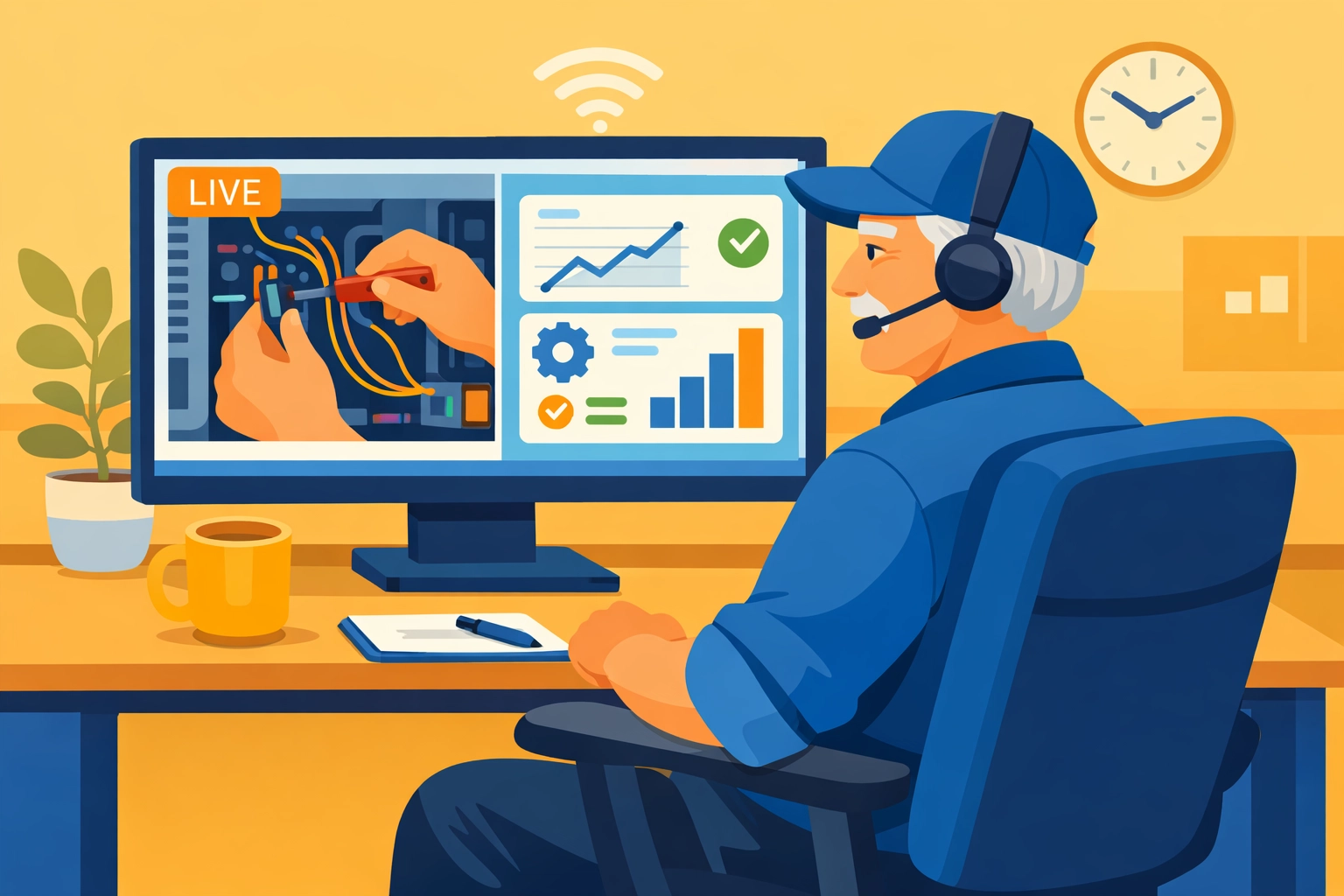 Trade technician in an office using remote video tools and a data dashboard to support field operations.