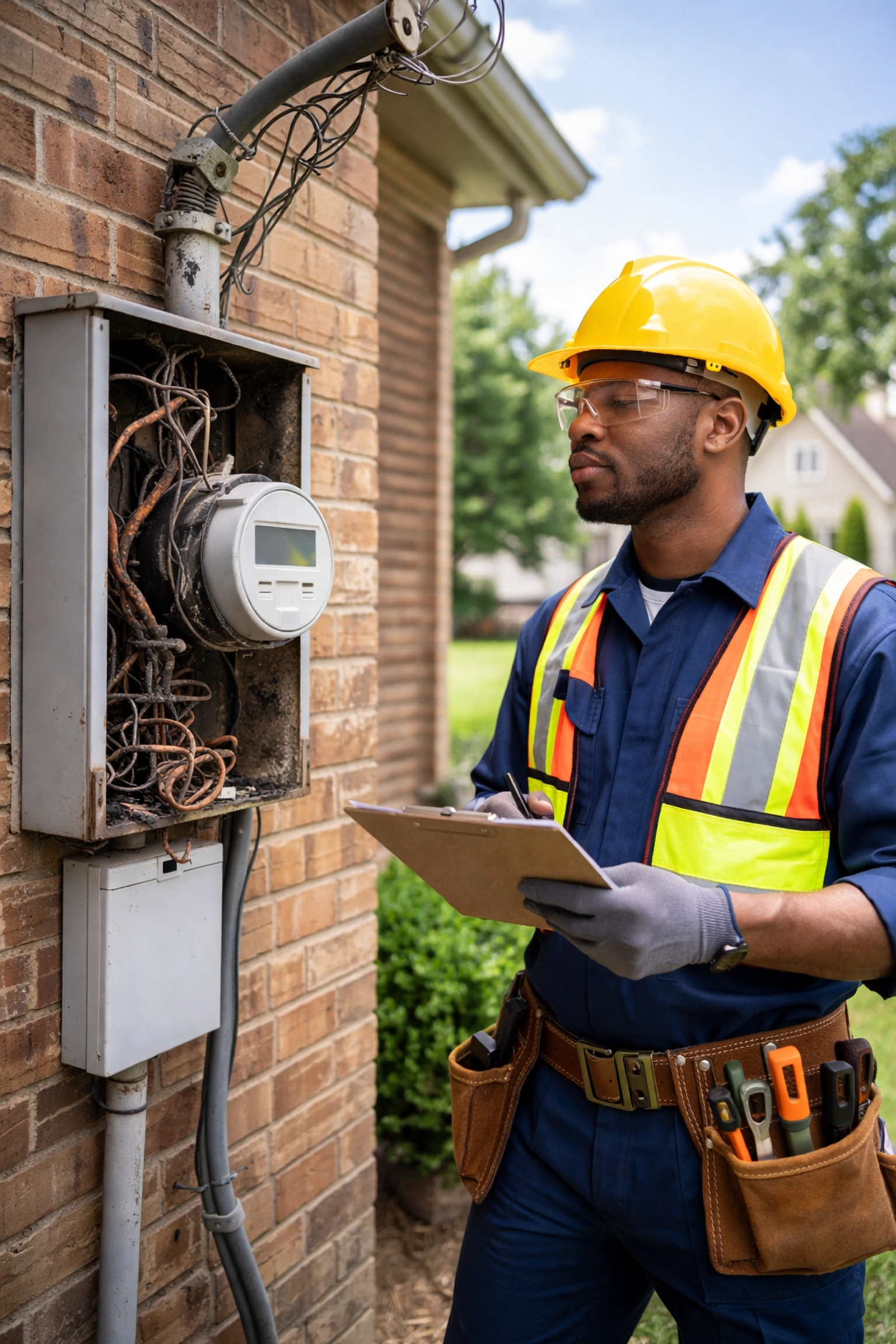 African American electrician examines a damaged meter box after a storm in Gwinnett County, highlighting service entrance safety.