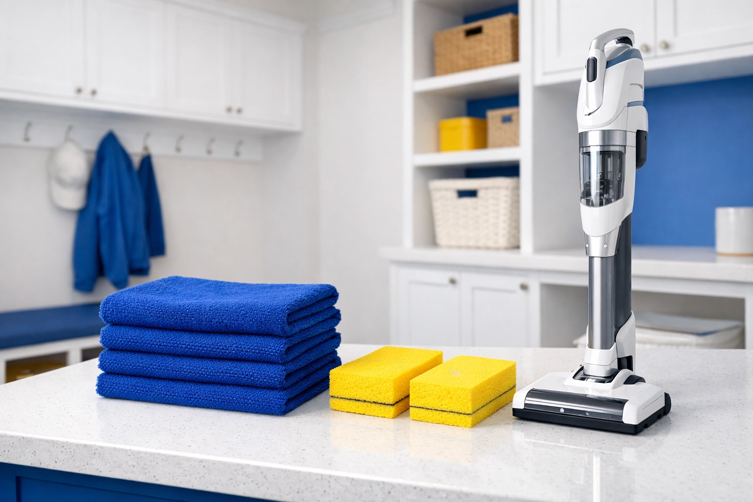 Professional cleaning kit with microfiber towels and vacuum for expert house cleaning Lowell MA.