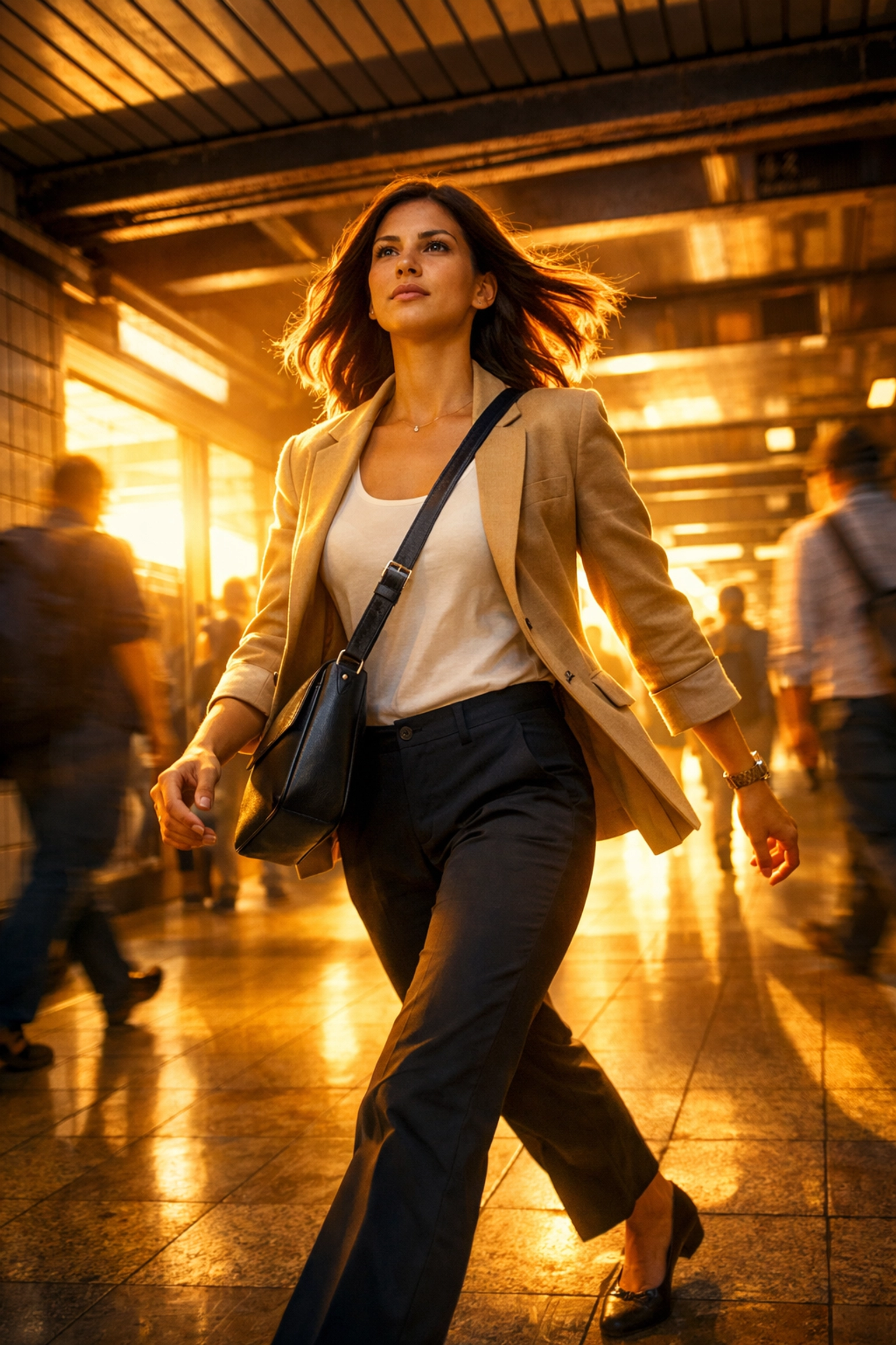 Professional woman commuting through subway station with emergency crossbody bag during transit The Urban Survival Kit: Emergency Prepping for the Carless Woman