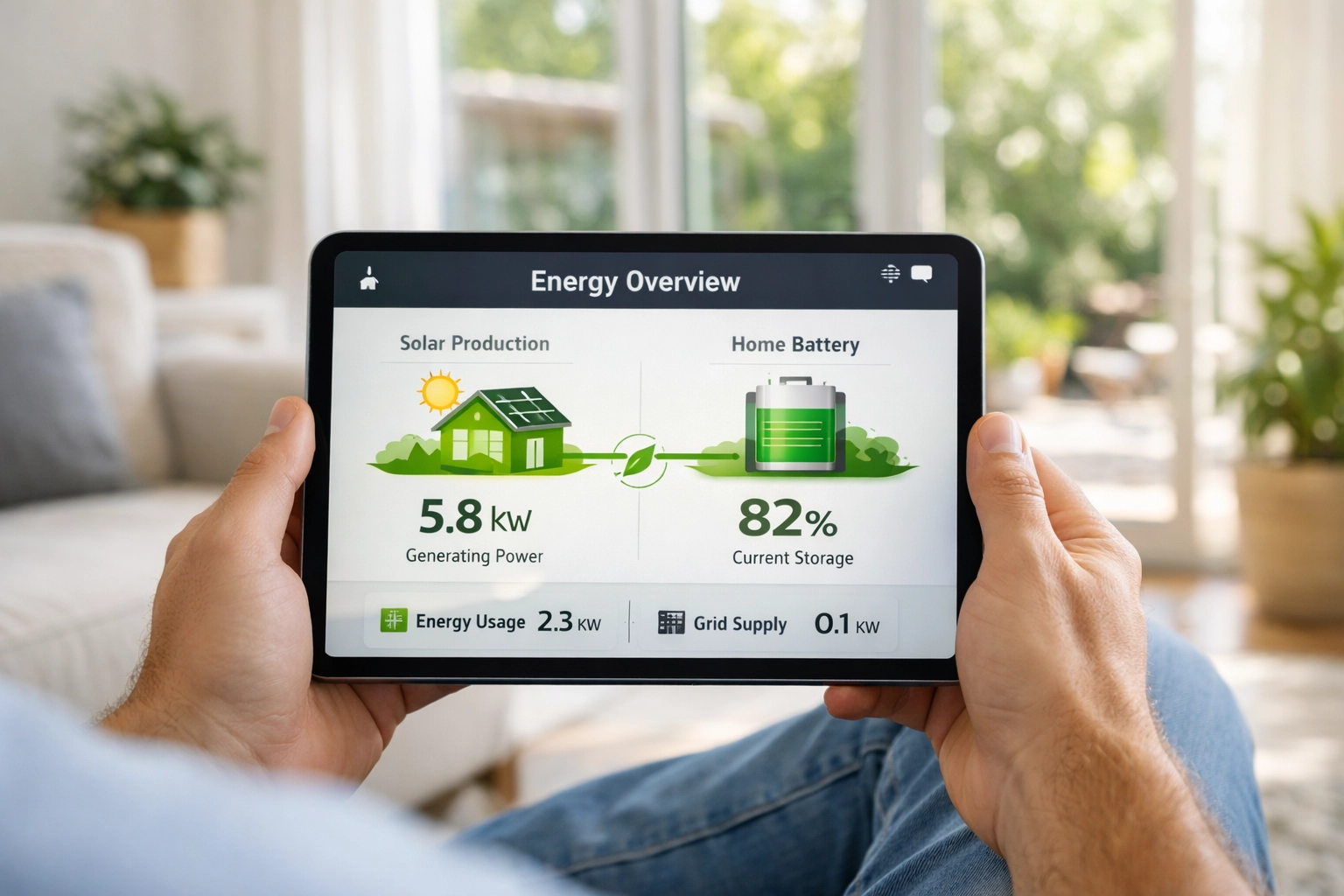 Homeowner using a tablet to monitor solar energy production and battery storage levels.