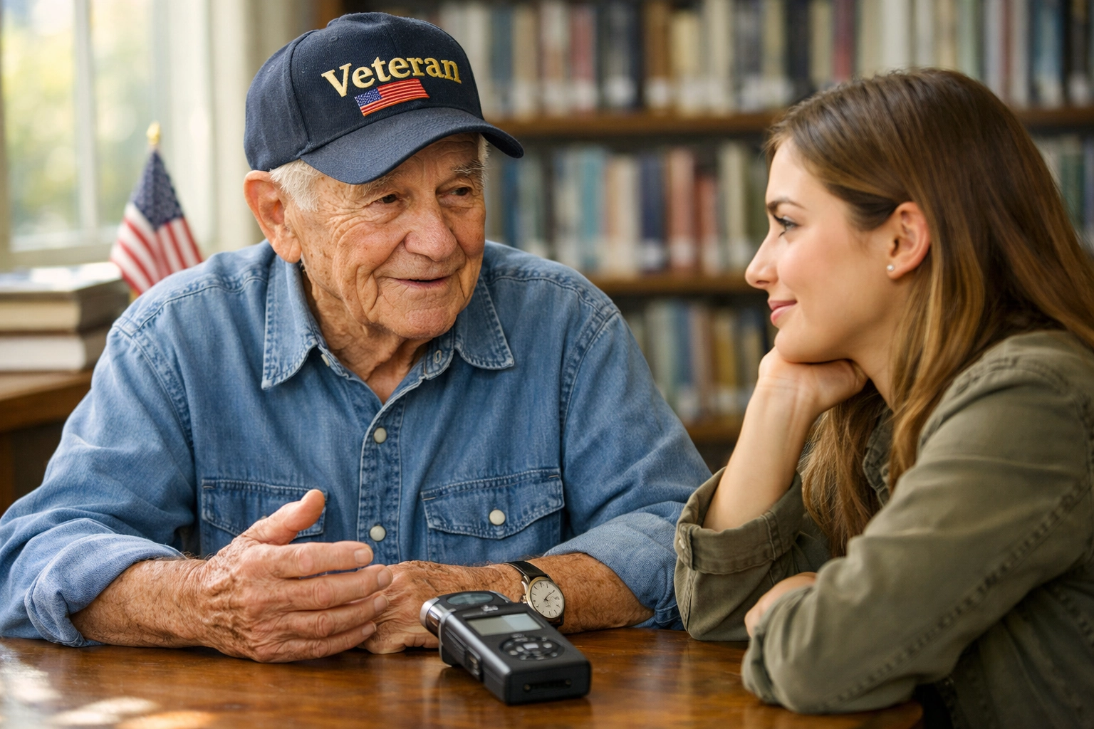 An elderly veteran shares his story of service with a young student as part of a Pledge Allegiance tribute.
