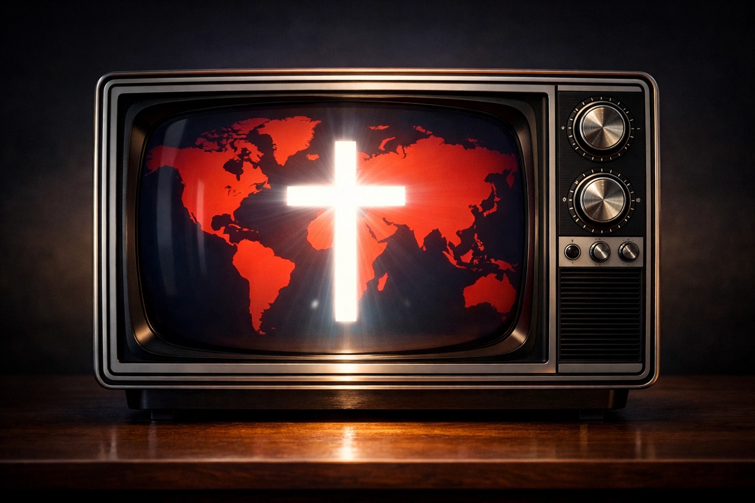 A vintage television showing a glowing cross over a world map, symbolizing Christian hope in a troubled world.