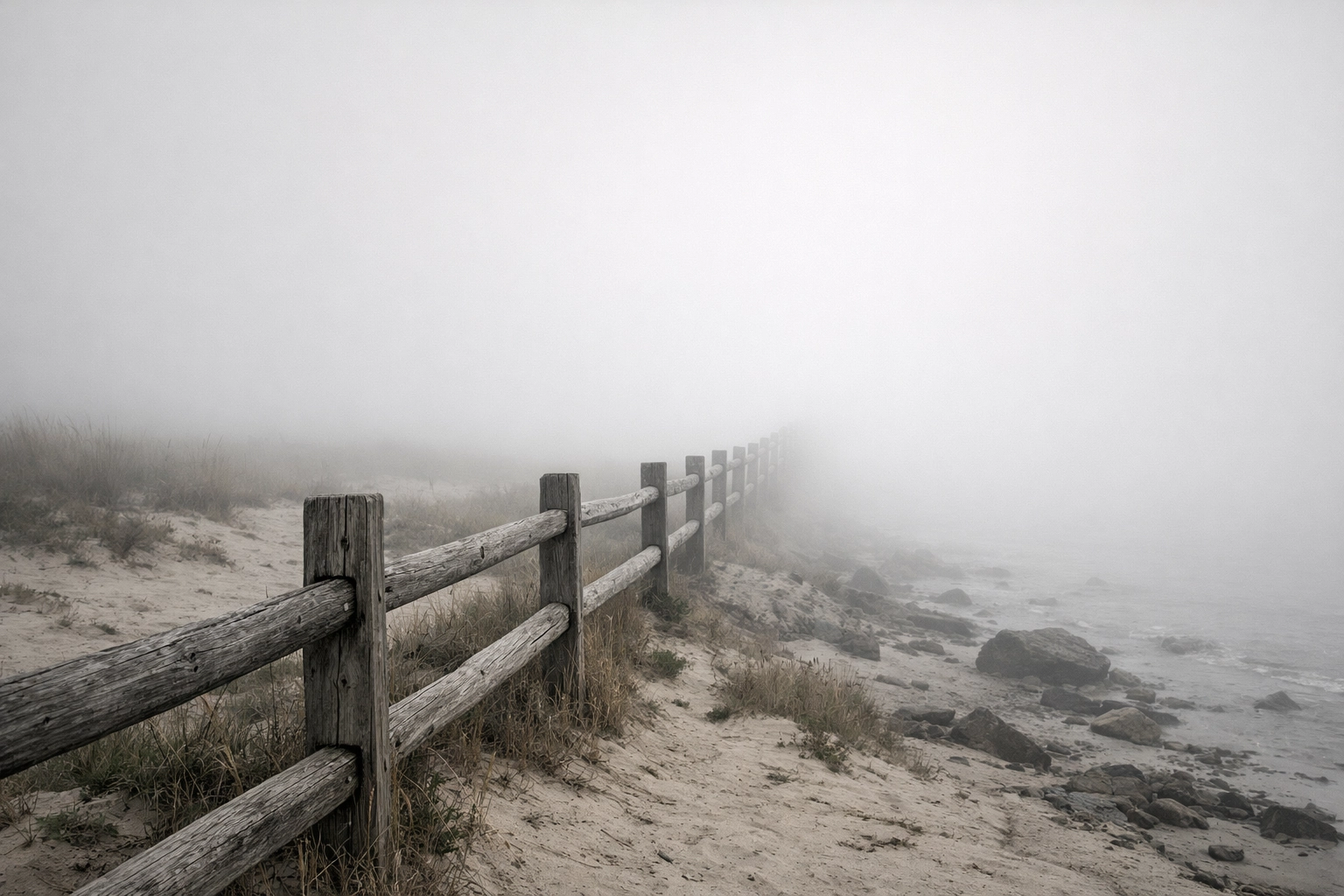 Minimalist fine art photography composition featuring leading lines in a misty coastal setting.