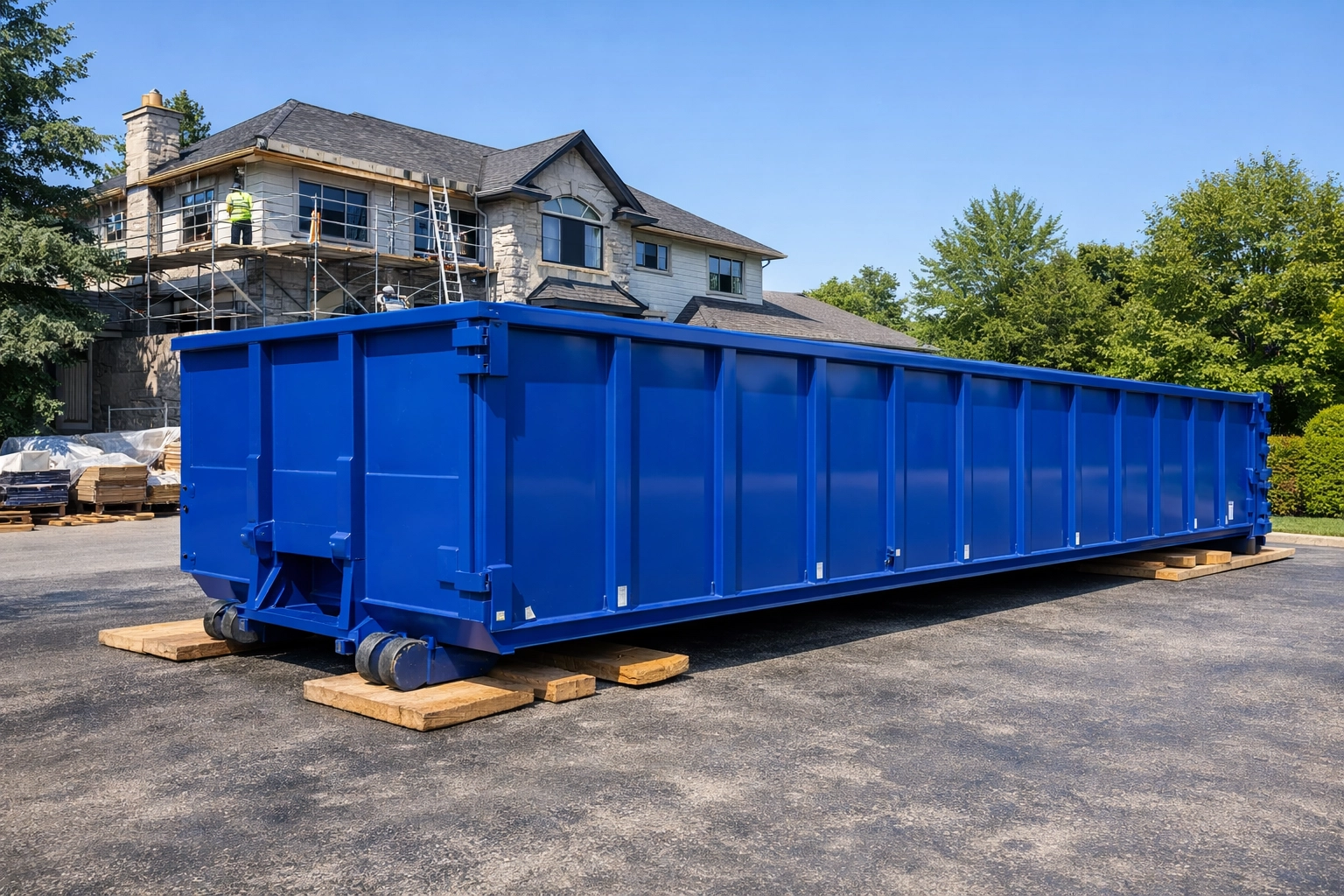 Same-Day Bin Rental for Last Minute Messes Large blue 40-yard bin on a North York driveway for professional residential renovation and demolition waste removal.