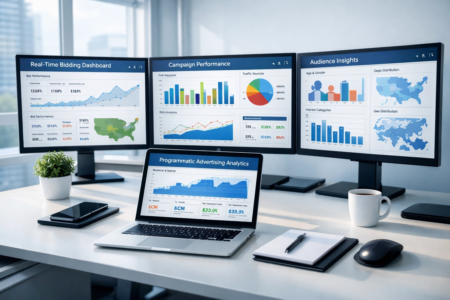 Digital marketing workspace with programmatic advertising dashboards and real-time bidding analytics