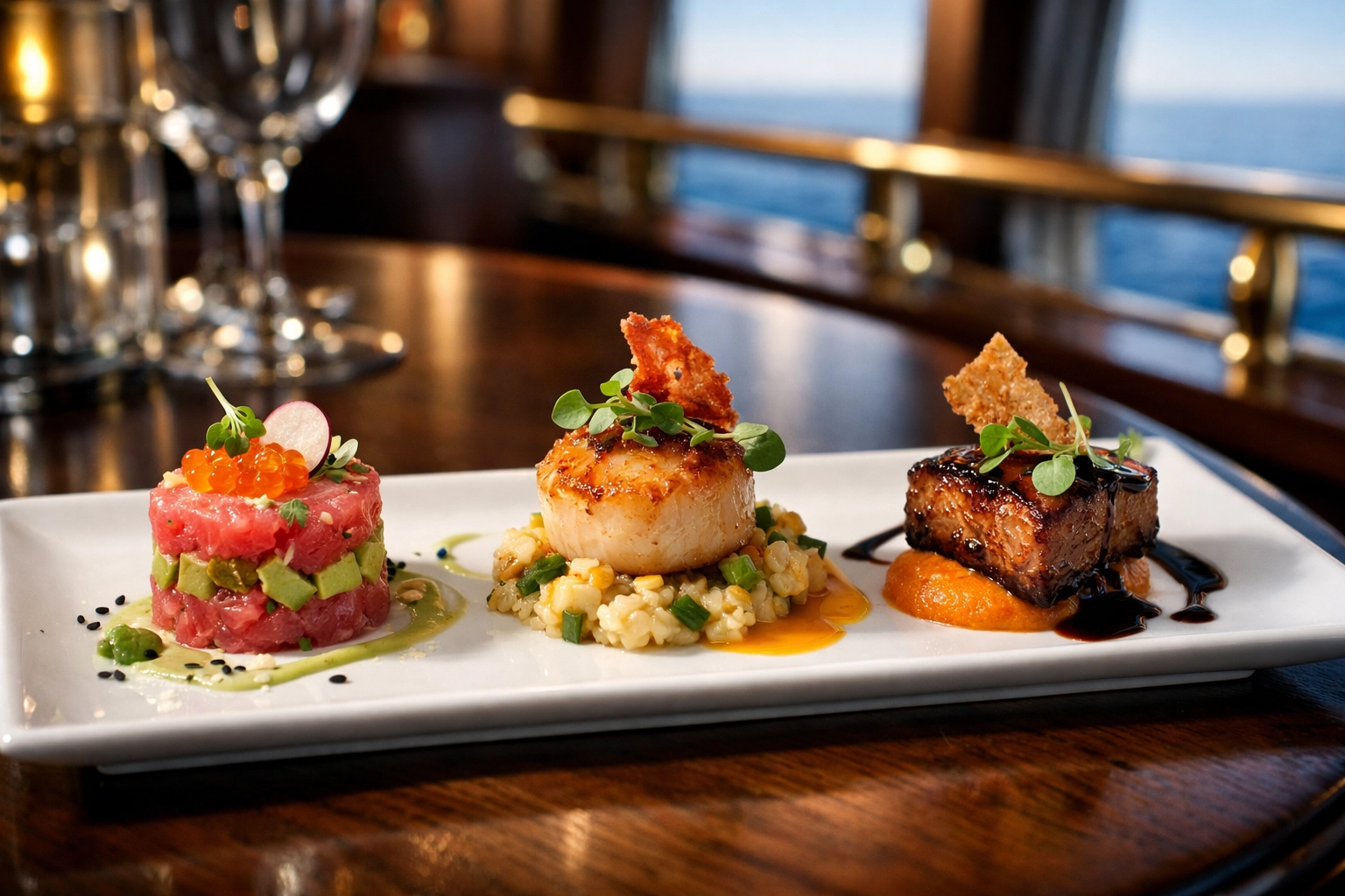 Elevated gourmet tasting plate presentation aboard luxury cruise ship