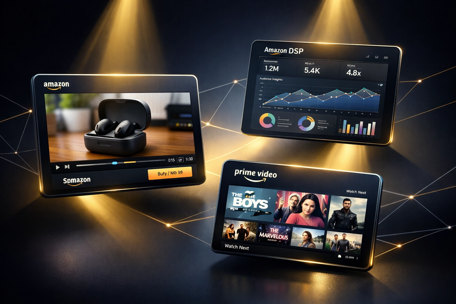 Multiple Amazon advertising formats including DSP campaigns, Sponsored Brand Video, and Prime Video ads