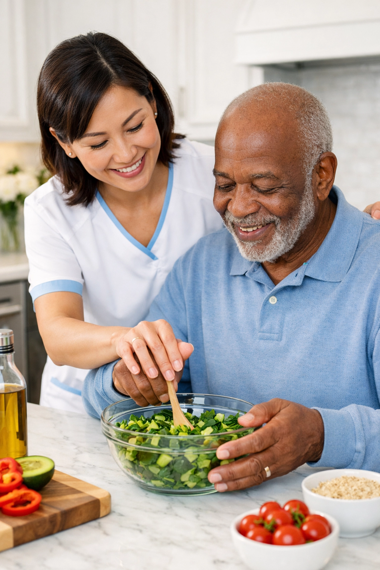 Professional caregiver helping a senior prepare a healthy meal in a safe, modern kitchen in Fauquier County.