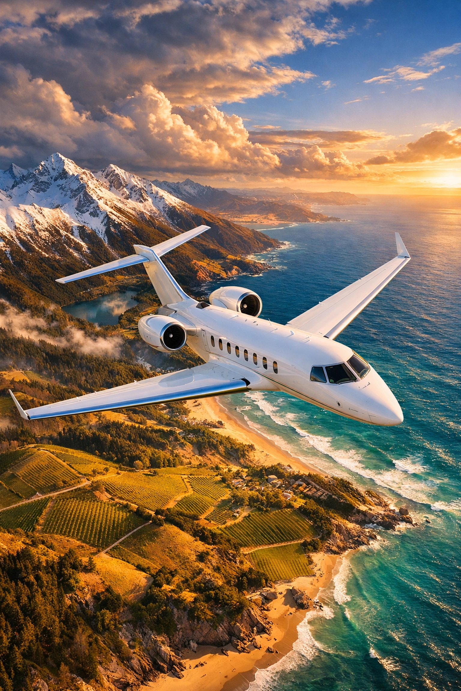 Private jet flying over diverse travel destinations from mountains to coastline