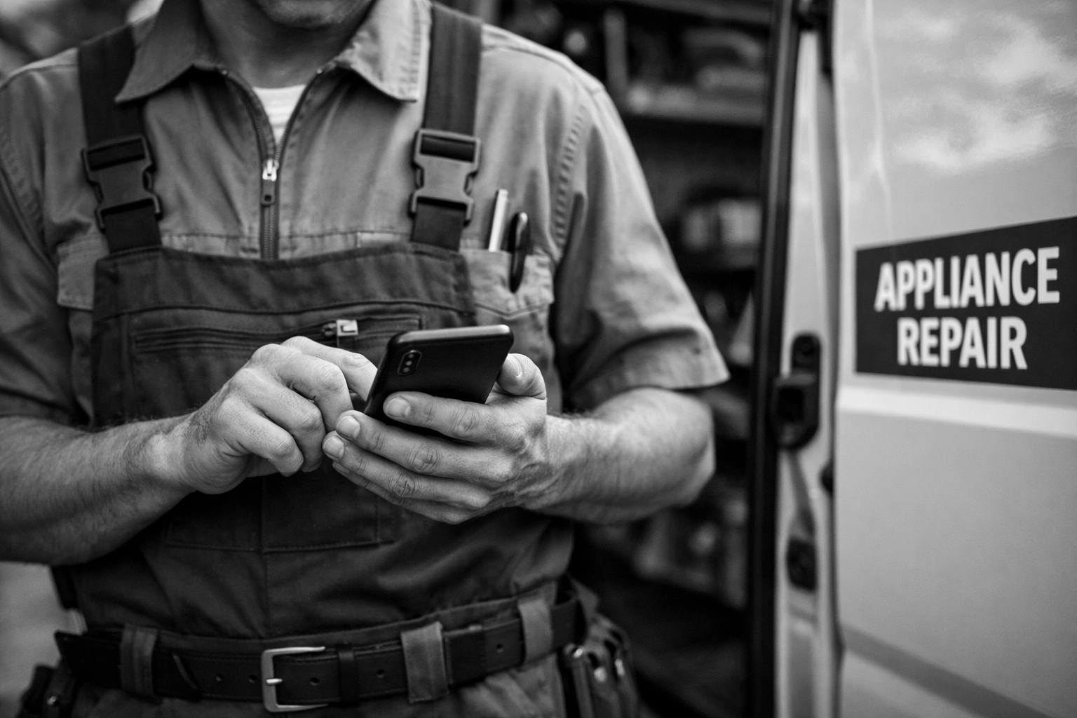Appliance repair technician using smartphone to manage service calls on location