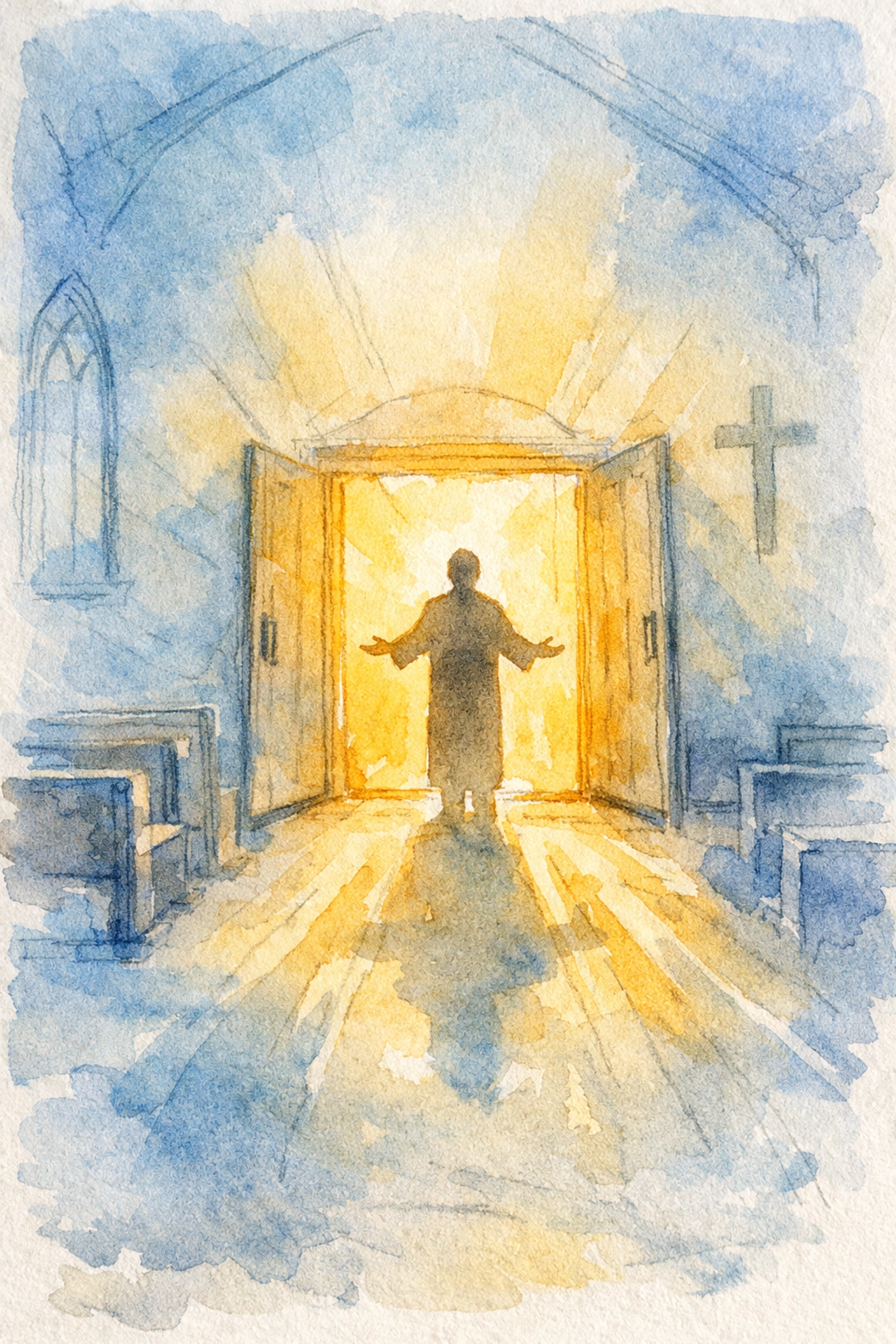 Church greeter welcoming visitors at entrance with open arms in morning light