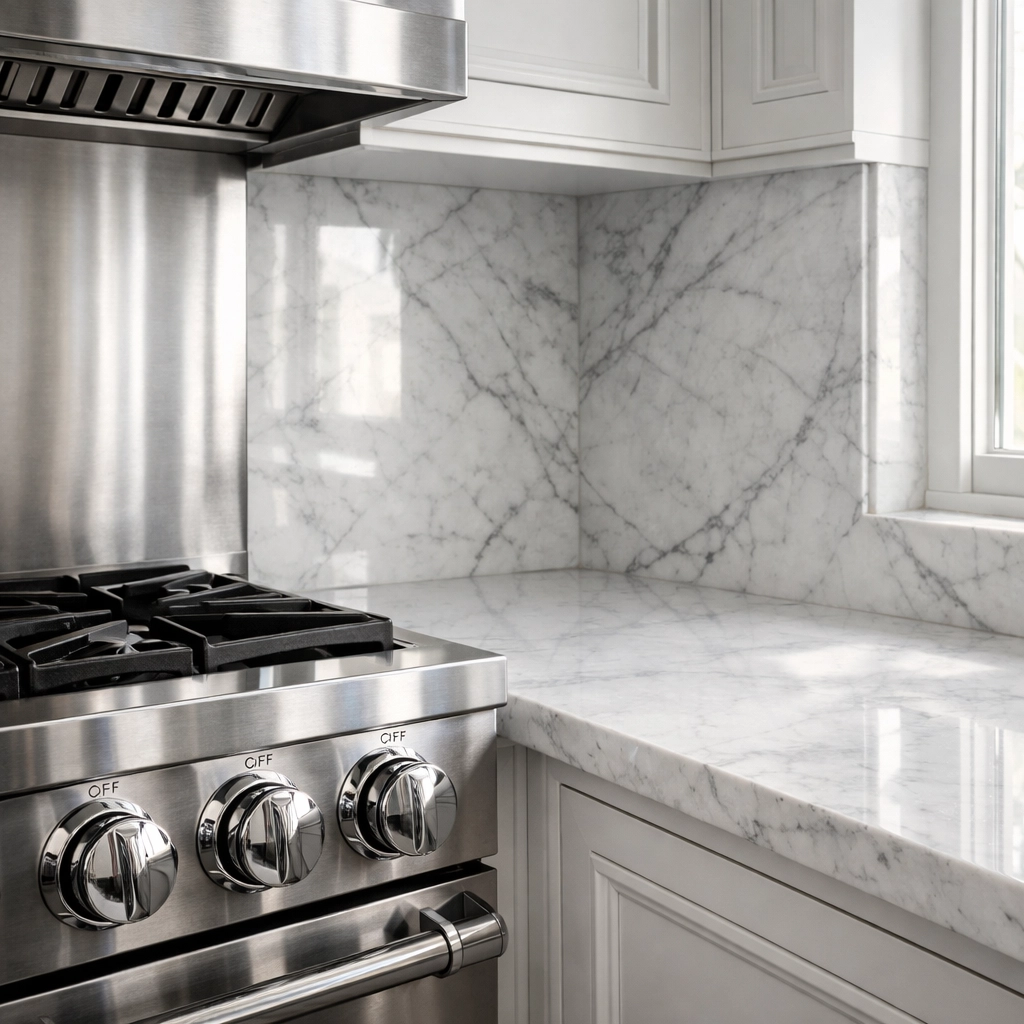 Sparkling clean kitchen appliances and marble surfaces following a professional deep cleaning service.