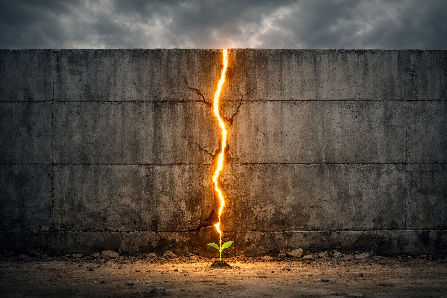 A cracked concrete wall with golden light and a green sprout, symbolizing hope for religious freedom in Iran.