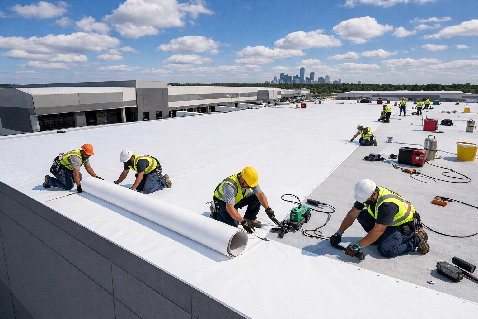 Commercial roofing crew installing white TPO flat roof on Charlotte warehouse building