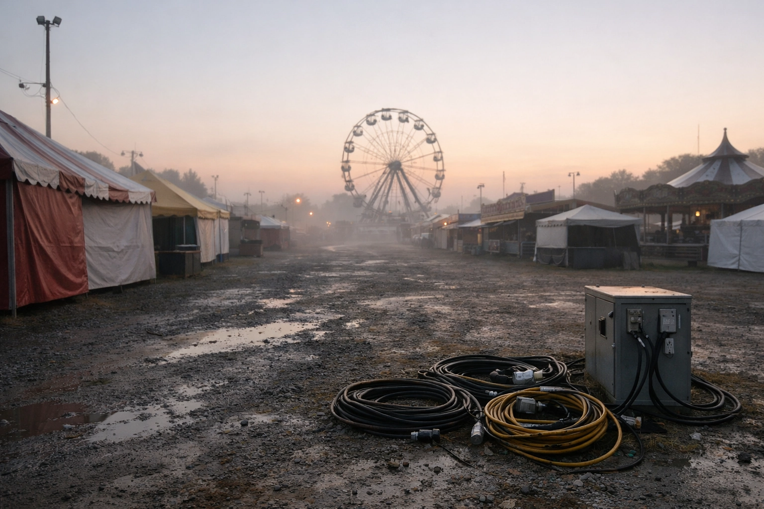 Misty Canadian fairgrounds at dawn showing a Ferris wheel and empty vendor tents before opening.