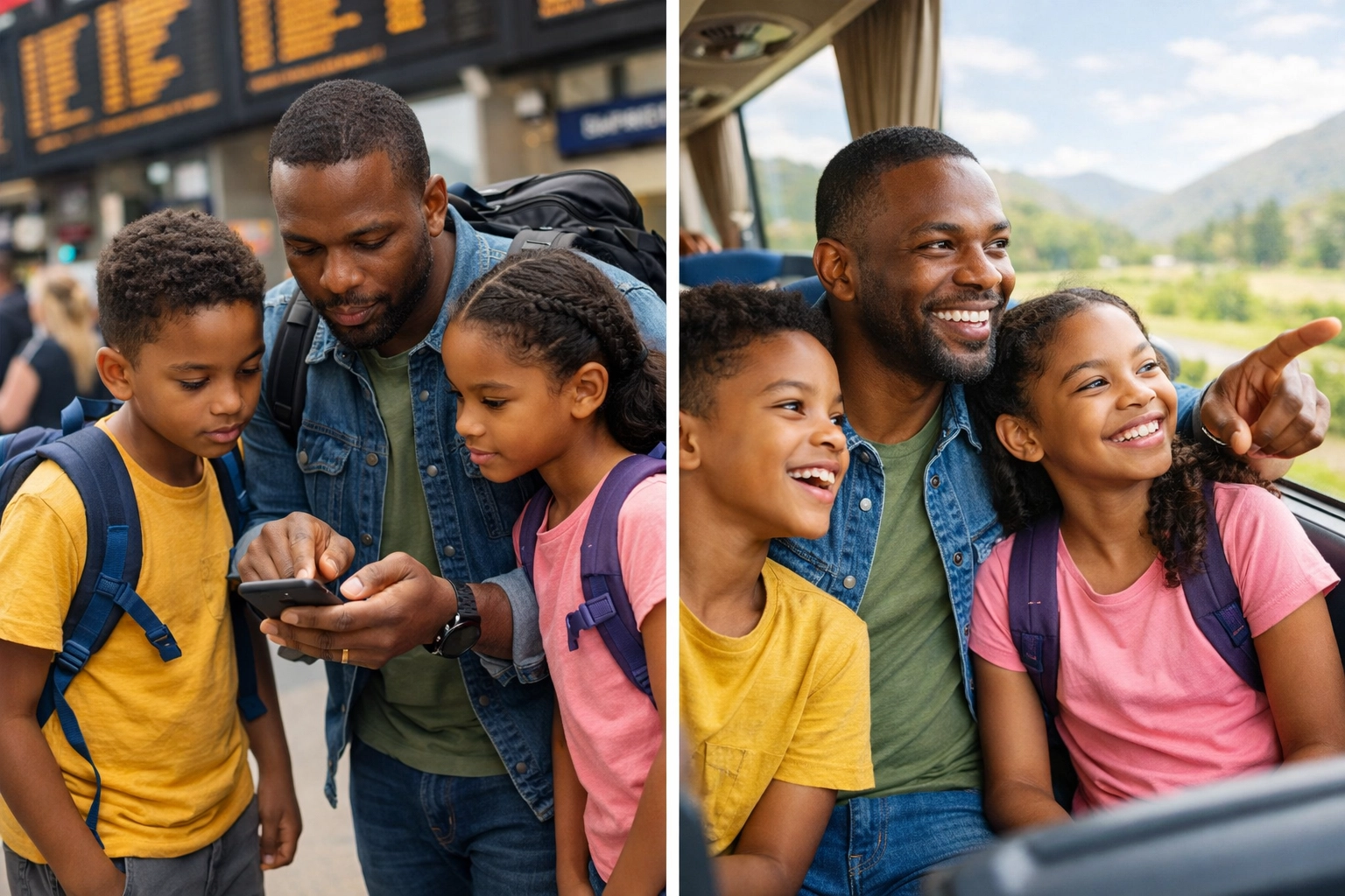 Family travel comparison: independent solo planning versus stress-free group trip with tour guide