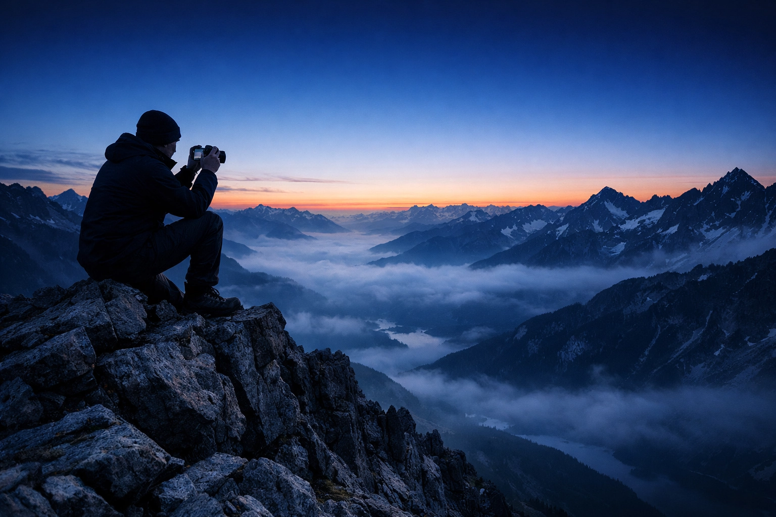 Photographer on a misty mountain ridge at blue hour, proving why tonight's photography news matters for epic vistas.