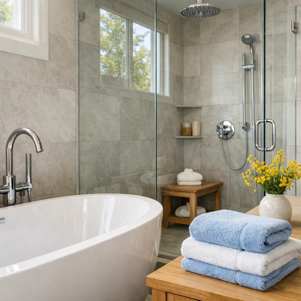 Sanitized luxury bathroom with a streak-free glass shower and eco-friendly cleaning results.