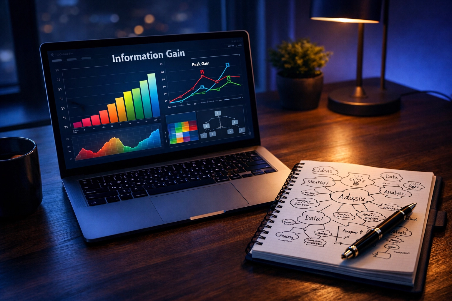 Professional workspace showing data visualization and content strategy planning for blog niche research.