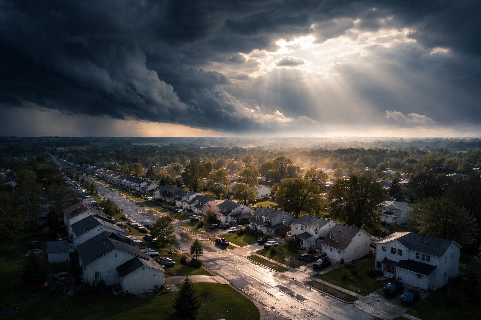 Aerial view of Ohio neighborhood after storm, highlighting the importance of insurance coverage