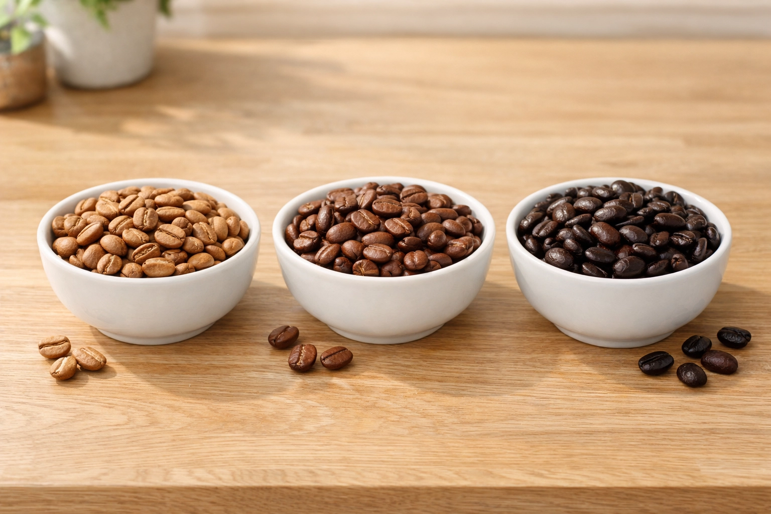 Comparison of light, medium, and dark roast levels of fresh speciality coffee beans.