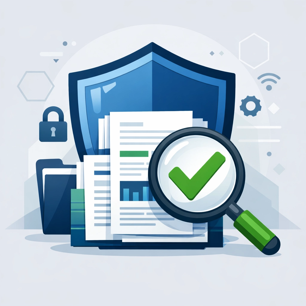 Secure shield and magnifying glass over tax documents showing accurate and verified virtual filing.
