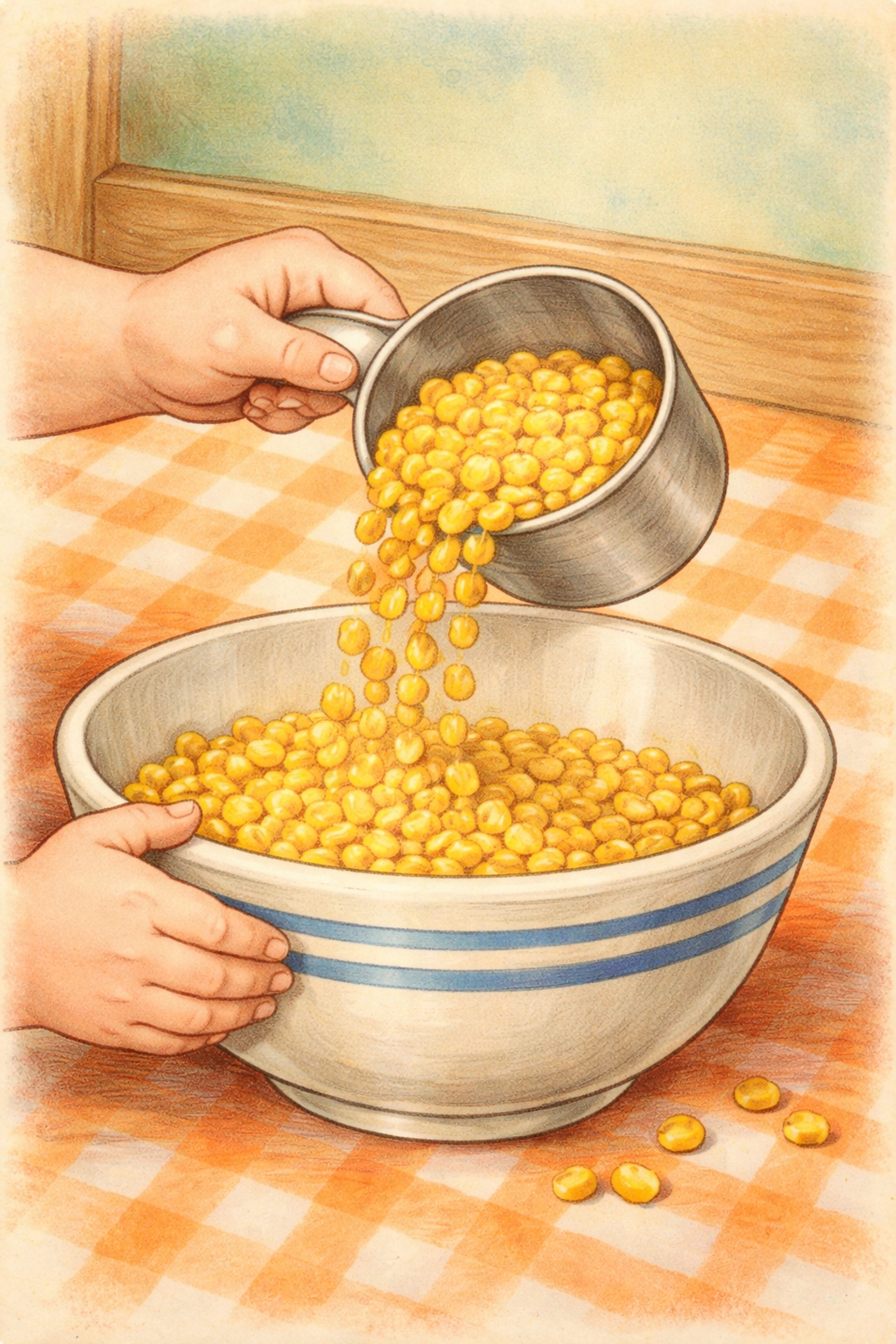 Close-up of small hands scooping corn kernels into a bowl, demonstrating pouring and scooping skills for kids.