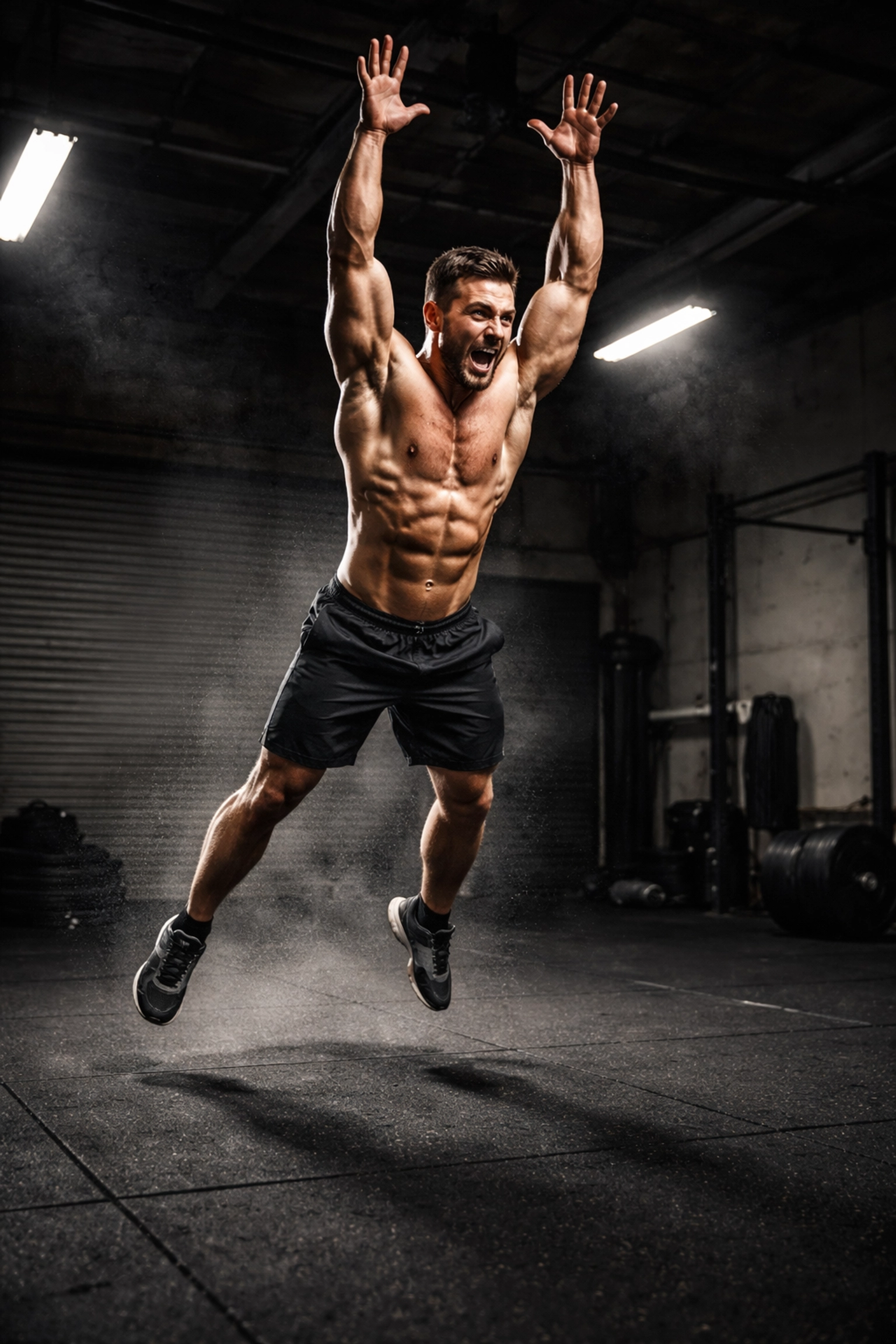 Male CrossFit athlete mid-air during a burpee in a garage gym, highlighting full-body dynamic exercise