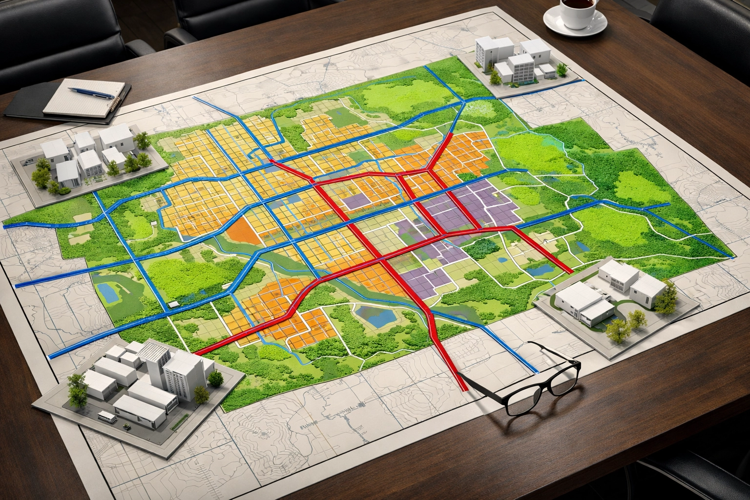 Municipal planning map displaying water sewer routes and MUD district zones for infrastructure expansion