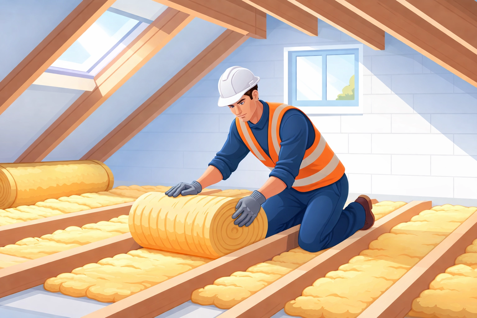 Installer laying loft insulation in a UK home, emphasizing fast, minimal-disruption installation and effective energy savings.