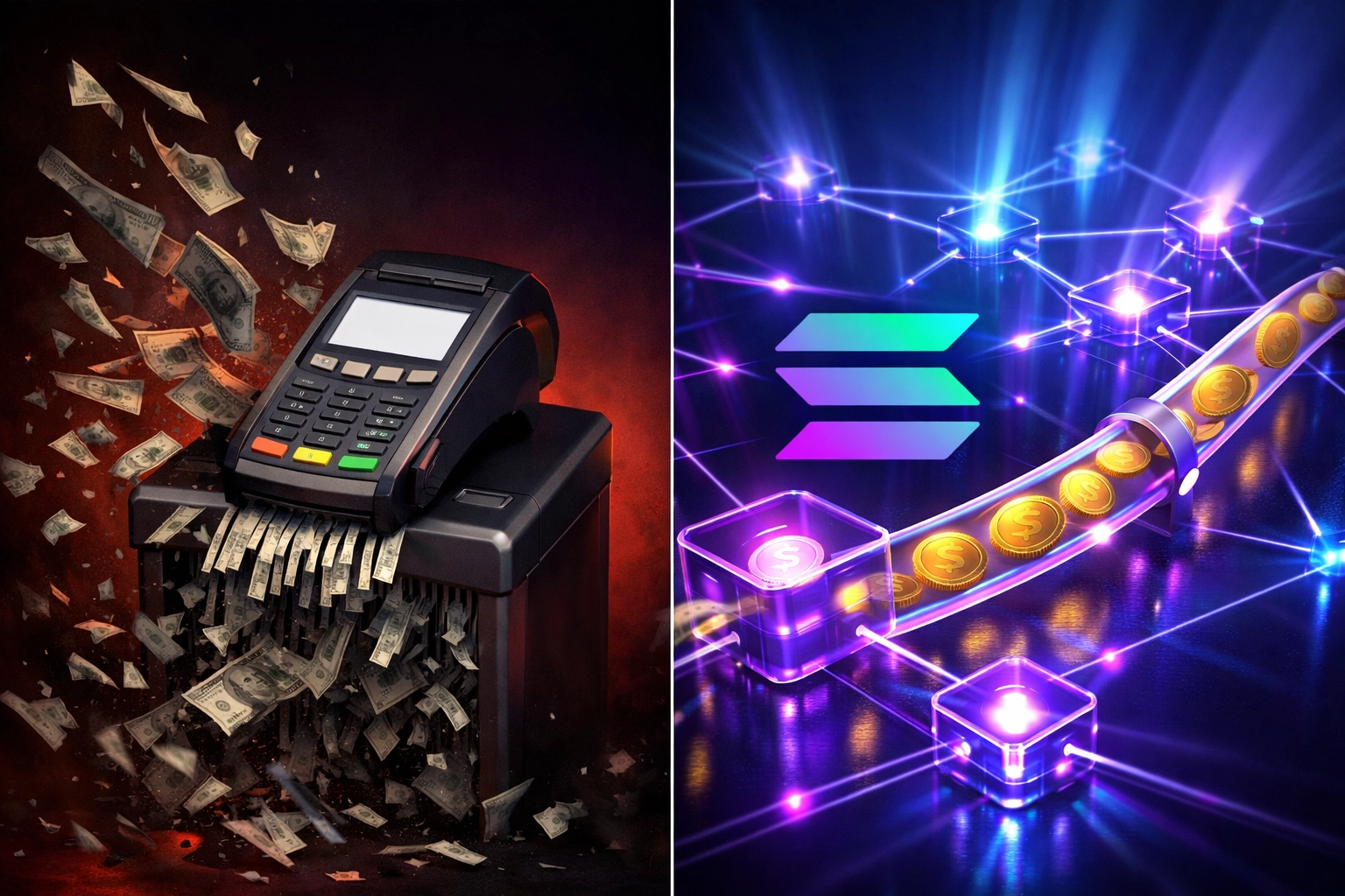 Traditional payment fees vs LUSD blockchain showing merchant cost savings comparison