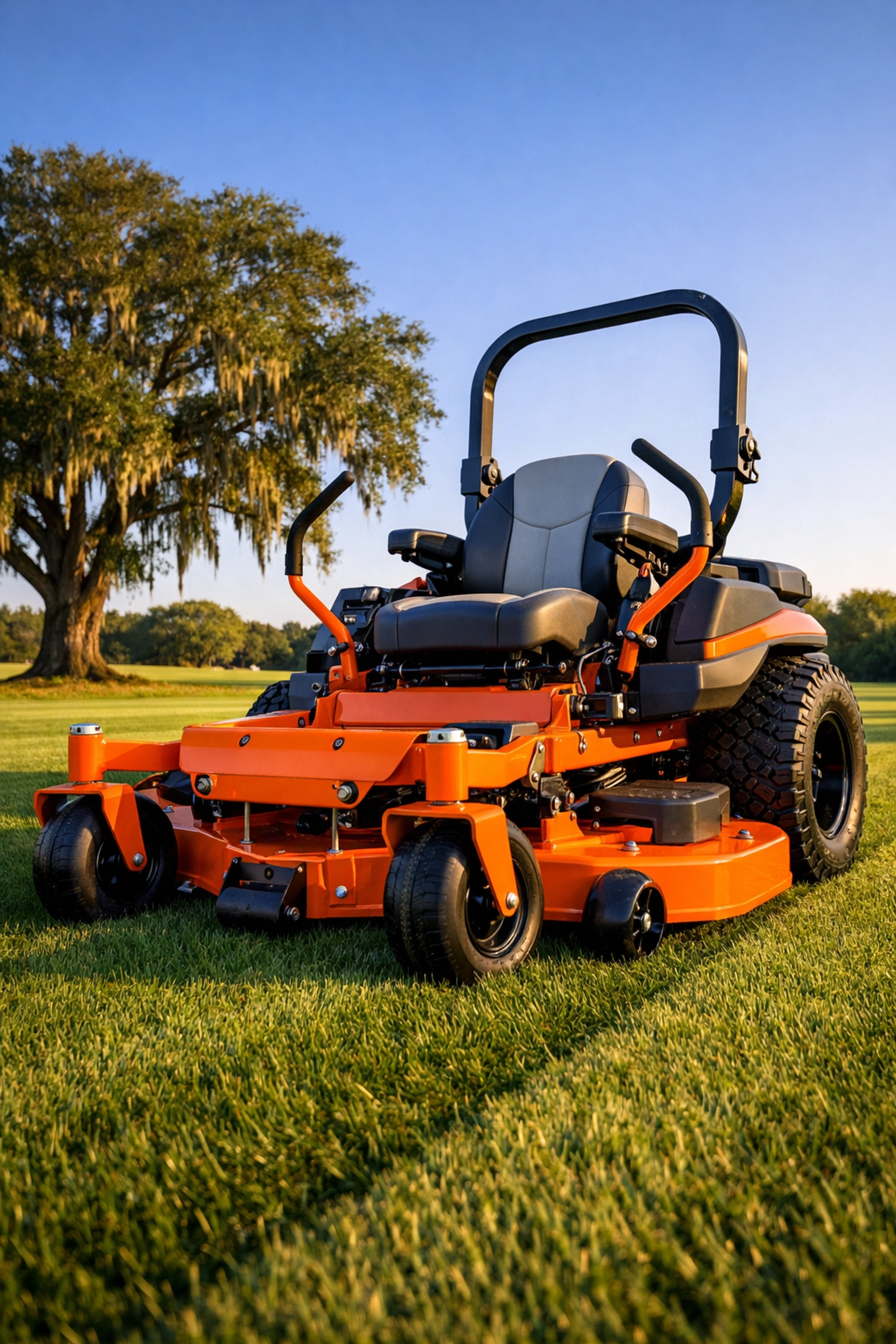 Professional Gravely zero-turn mower on a manicured Ocala lawn showing precision cutting stripes.