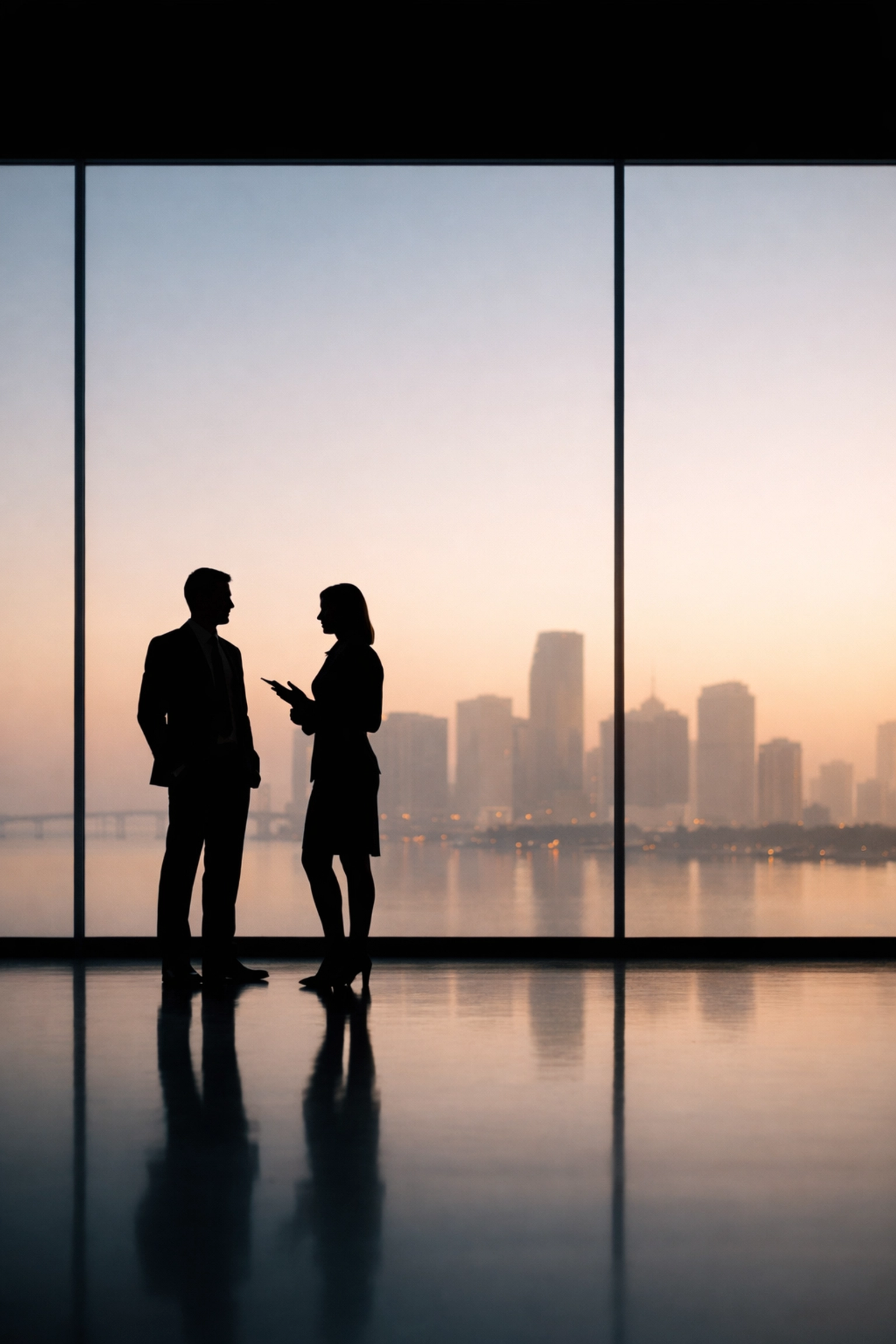 Silhouetted professionals networking at a conference with a minimalist Miami skyline background.