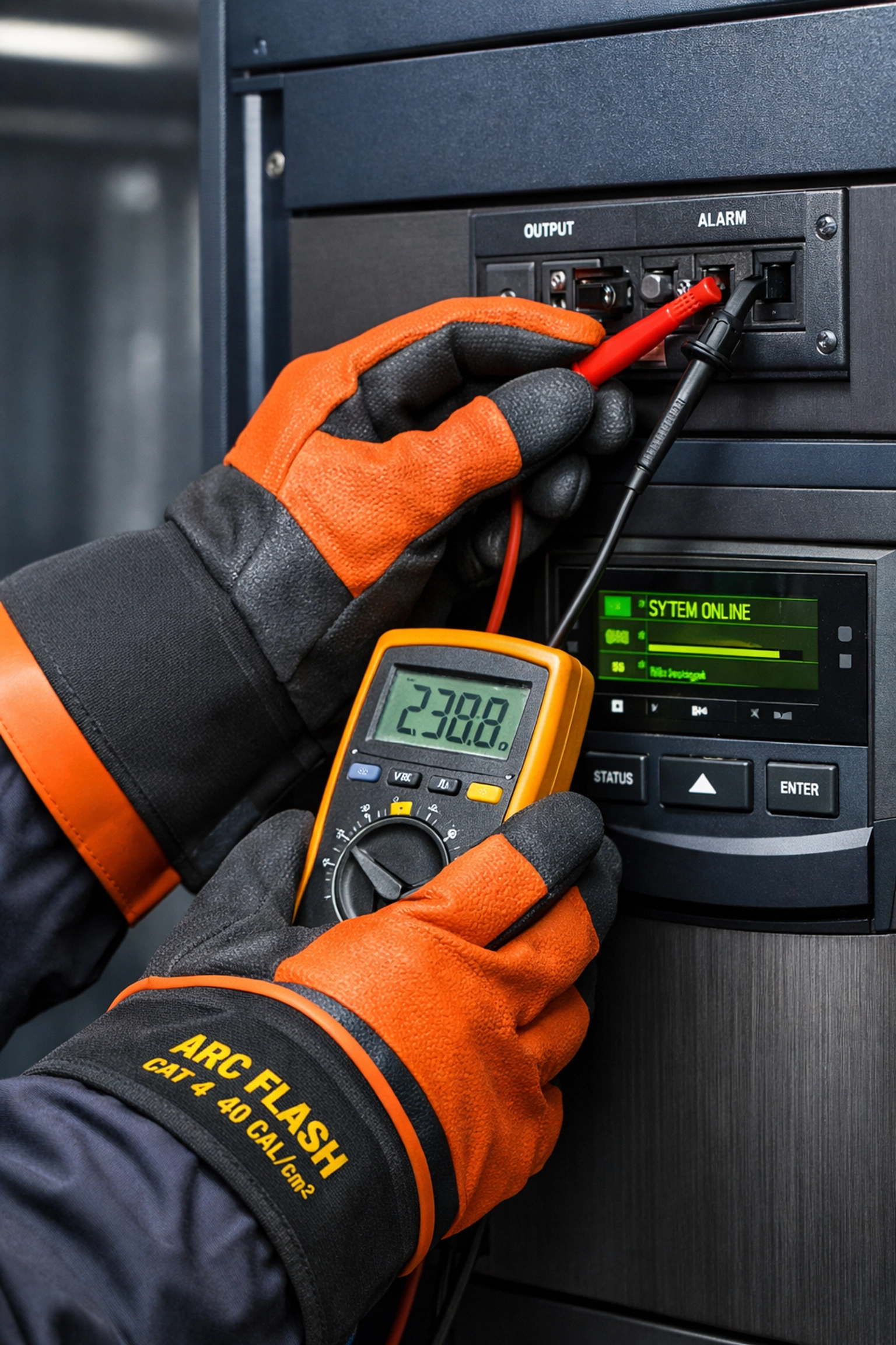 Technician wearing arc-rated safety gloves performing maintenance on a modern industrial UPS system.