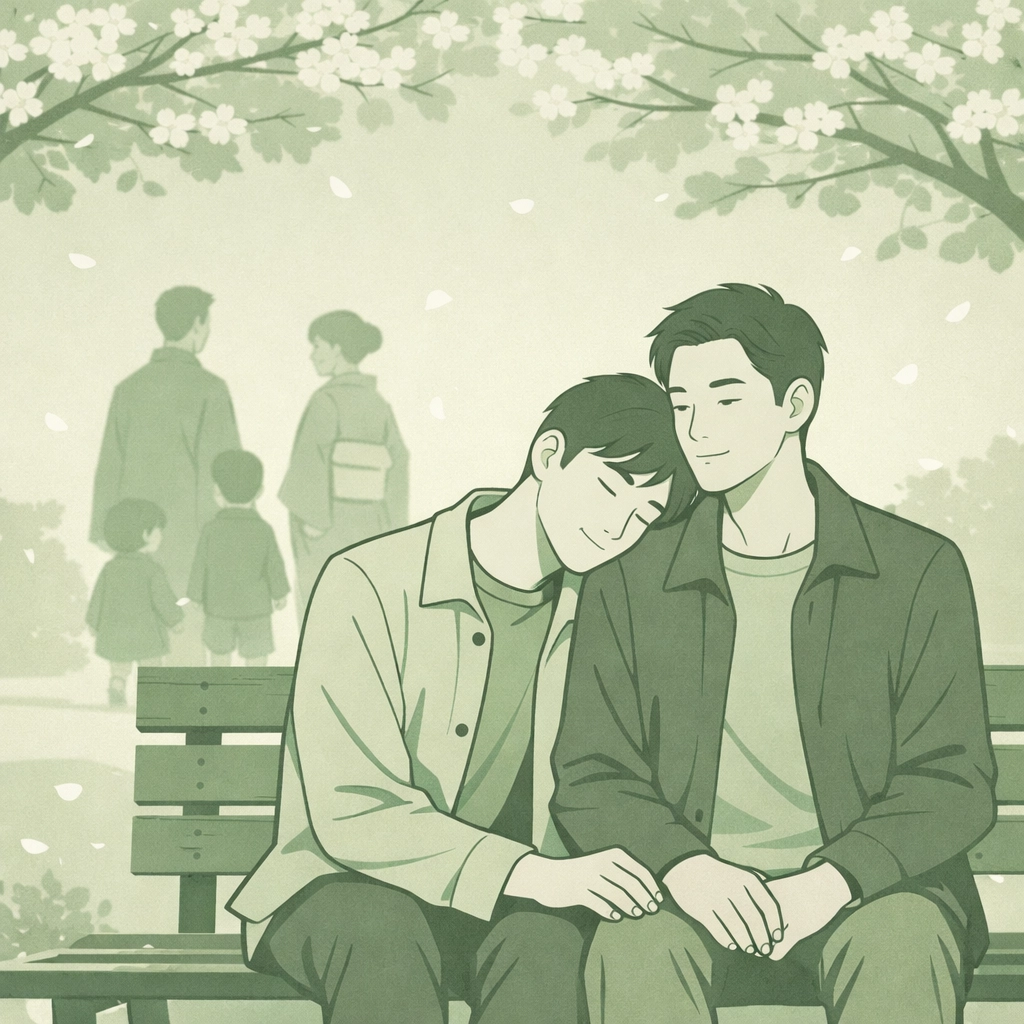 Gay couple sharing quiet moment under cherry blossoms representing hope in Japanese MM fiction