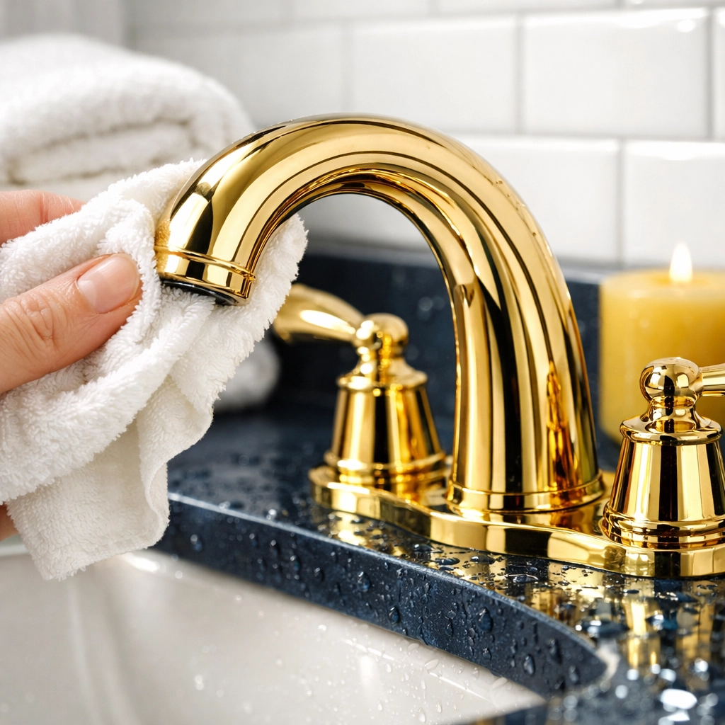 Polished gold bathroom fixture after detailed post-construction cleaning services in a Massachusetts home.