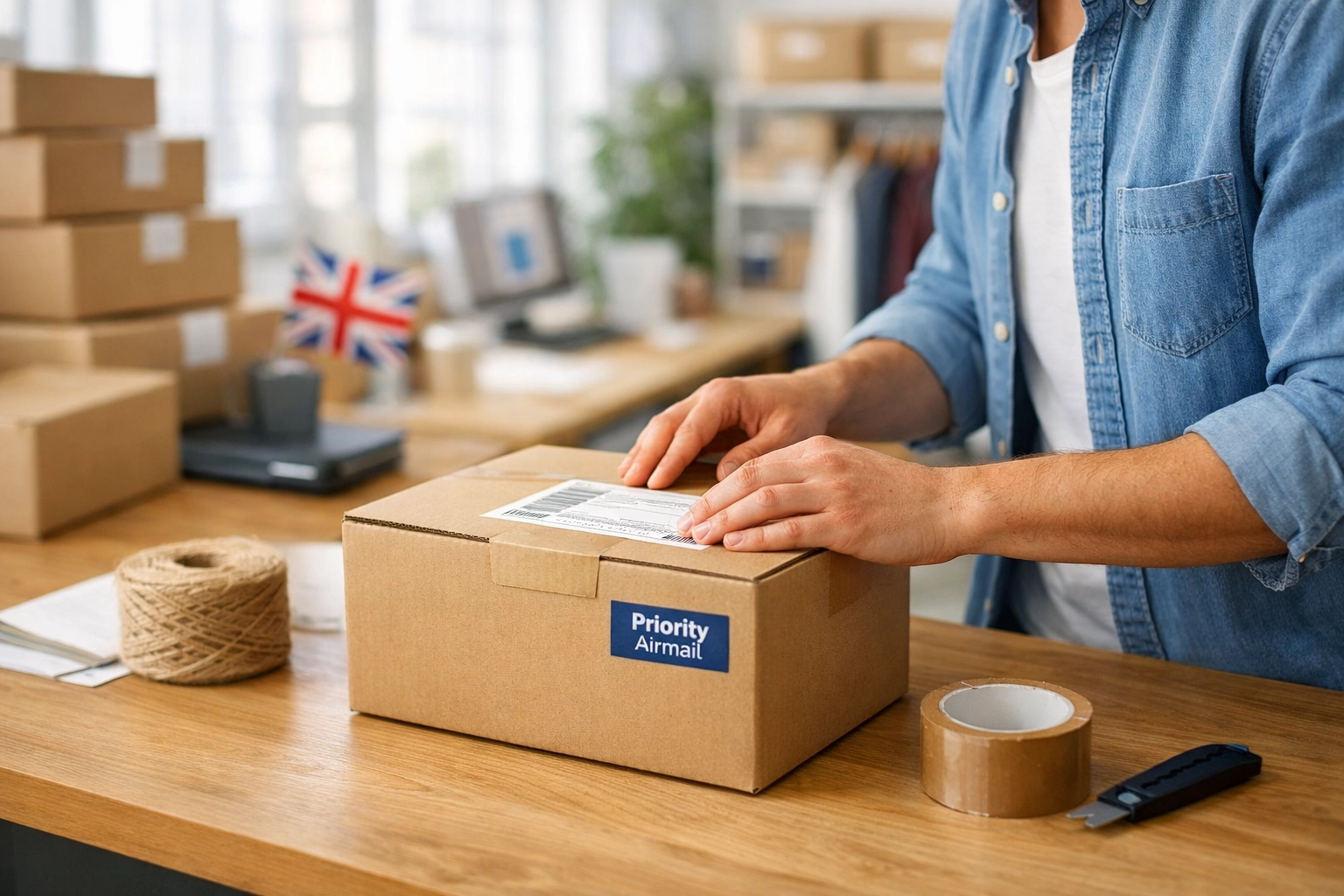 A UK business owner packing a shipping box to send a parcel to the USA from a modern office.